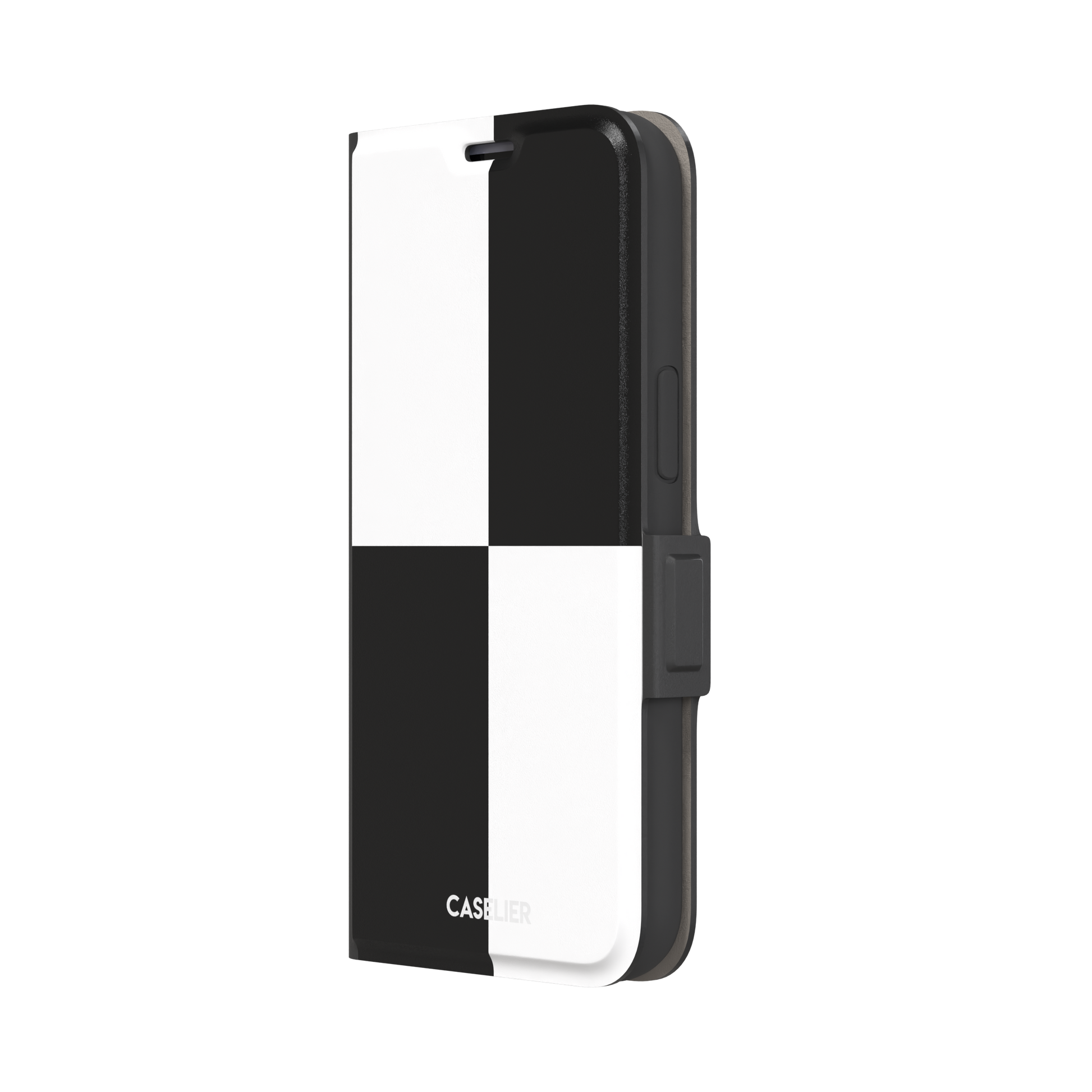 2x2 checkered phone case in black and white with four oversized graphic squares, phone case by Caselier — wallet case, right view