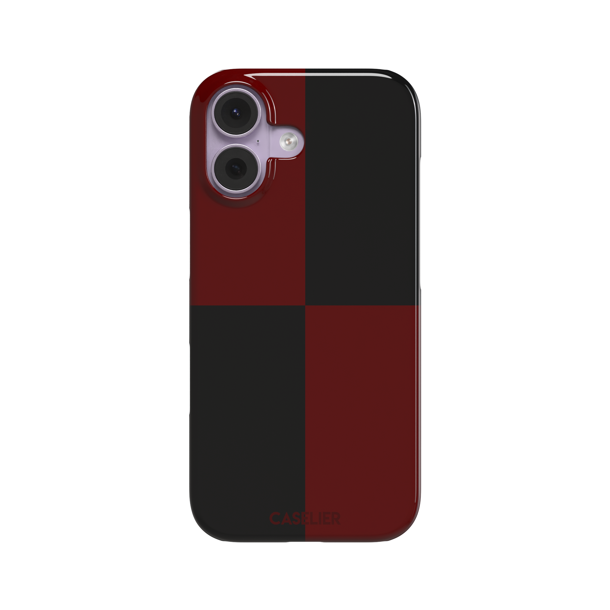 2x2 checkered phone case in deep crimson red and black with four large bold squares, phone case by Caselier — snap case, front view