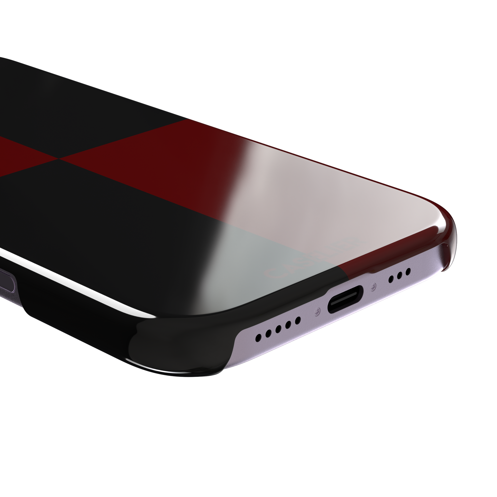 2x2 checkered phone case in deep crimson red and black with four large bold squares, phone case by Caselier — snap case, charging port detail