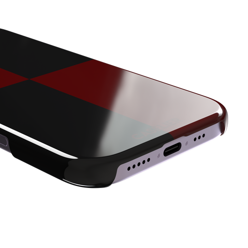 2x2 checkered phone case in deep crimson red and black with four large bold squares, phone case by Caselier — snap case, charging port detail