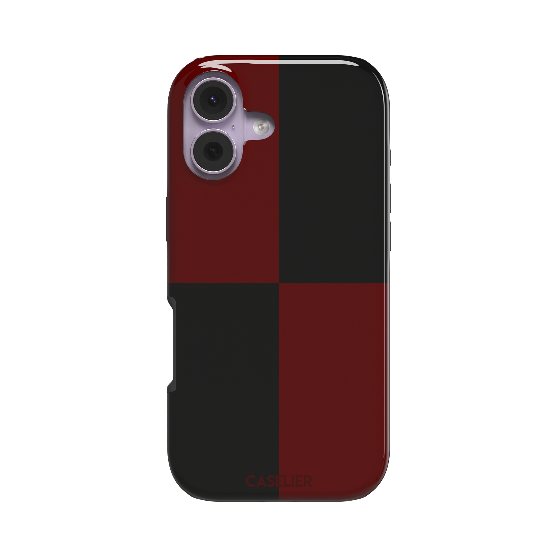 2x2 checkered phone case in deep crimson red and black with four large bold squares, phone case by Caselier — tough case, front view