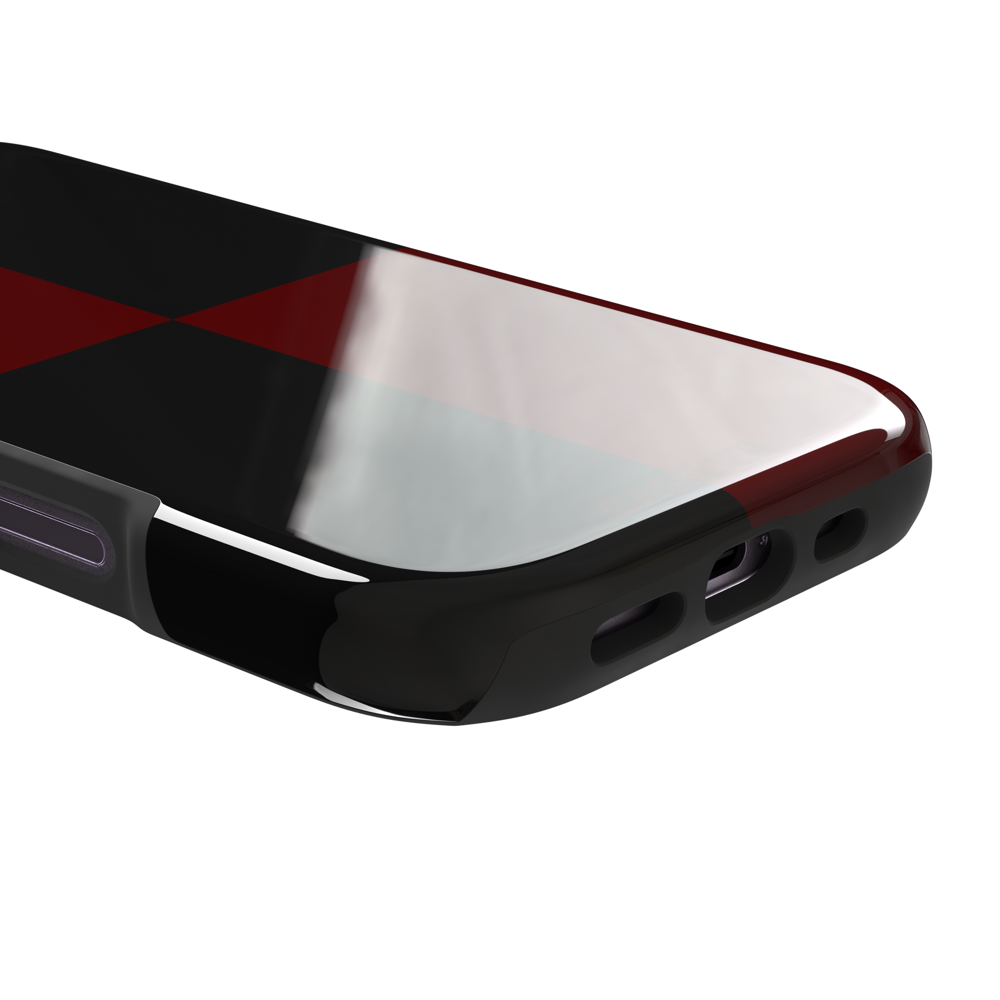 2x2 checkered phone case in deep crimson red and black with four large bold squares, phone case by Caselier — tough case, charging port detail