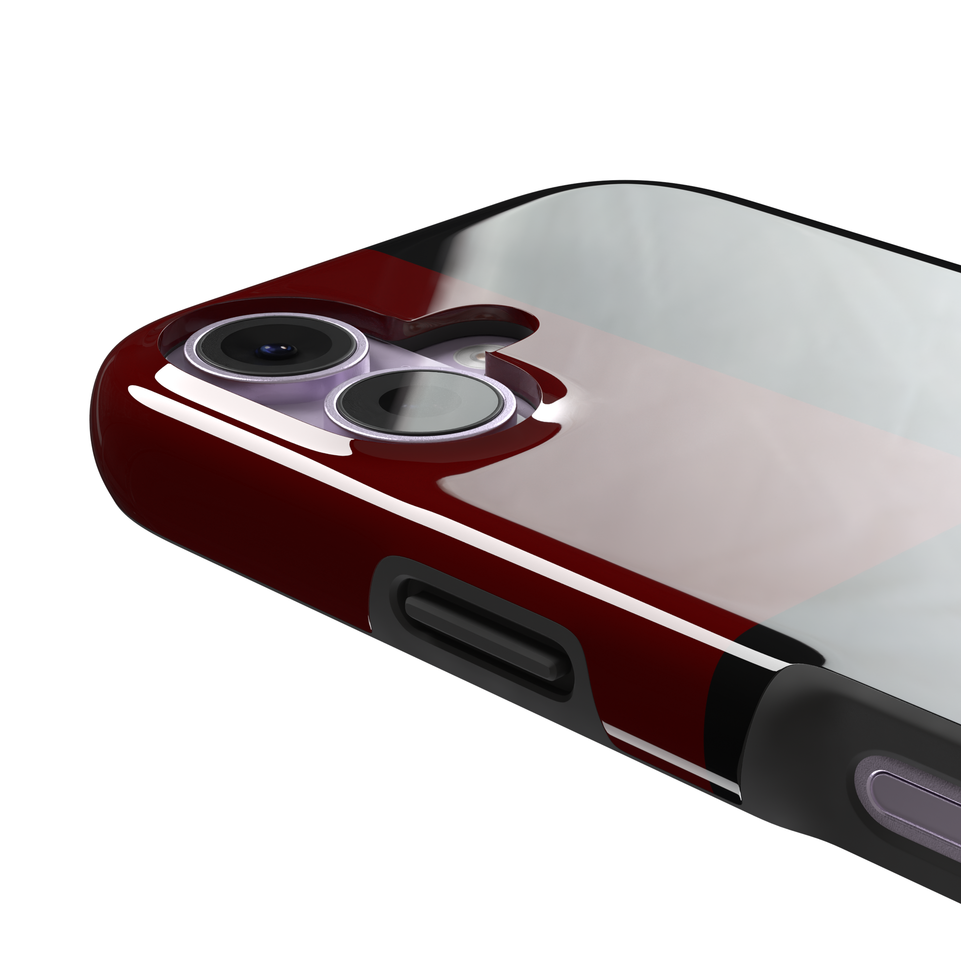 2x2 checkered phone case in deep crimson red and black with four large bold squares, phone case by Caselier — tough case, volume buttons detail