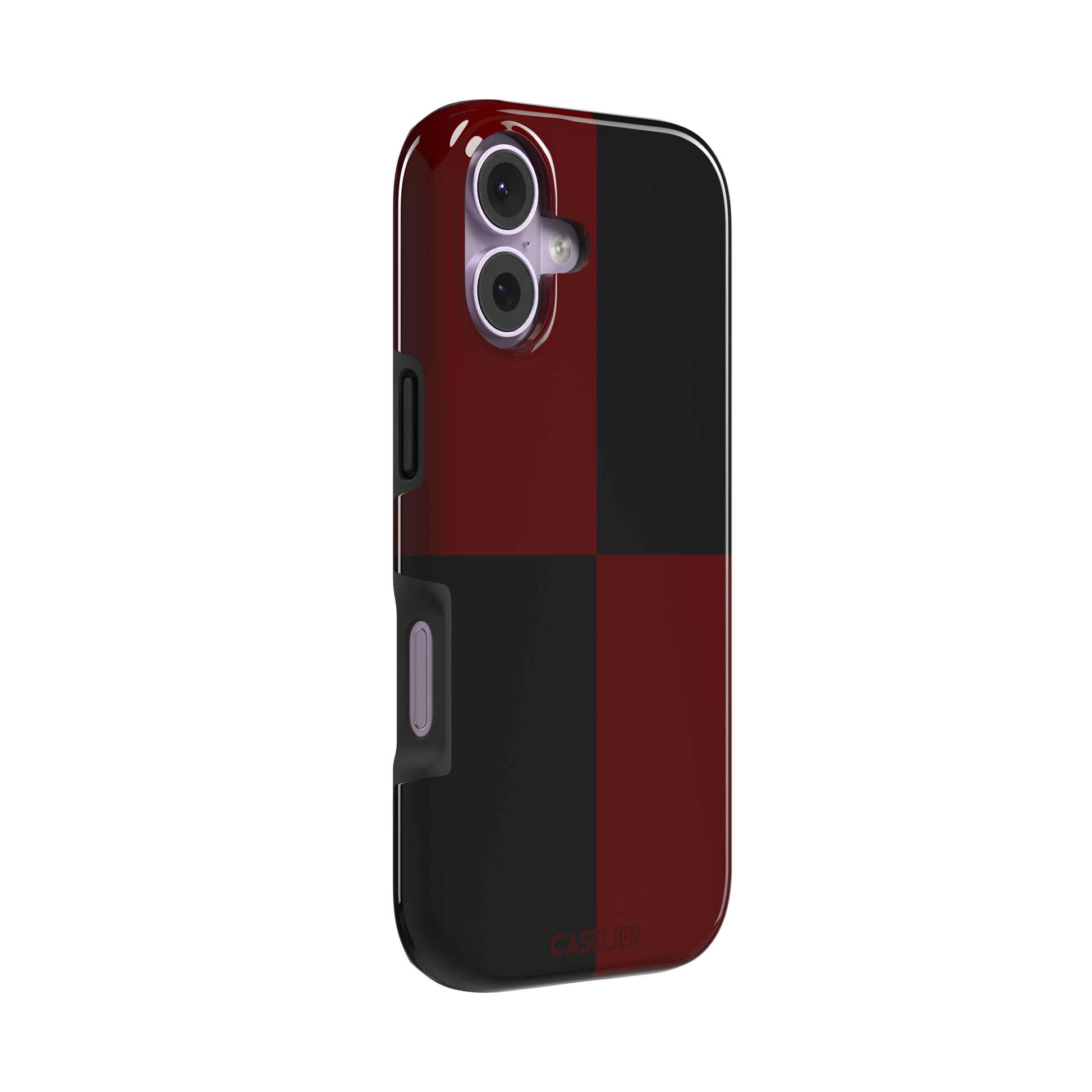 2x2 checkered phone case in deep crimson red and black with four large bold squares, phone case by Caselier — tough case, left view