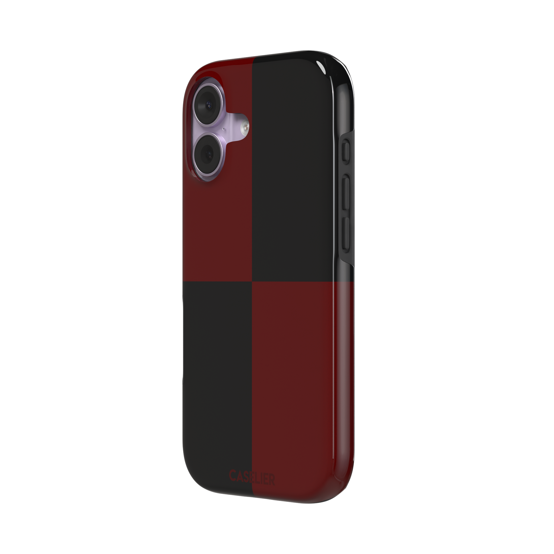 2x2 checkered phone case in deep crimson red and black with four large bold squares, phone case by Caselier — tough case, right view