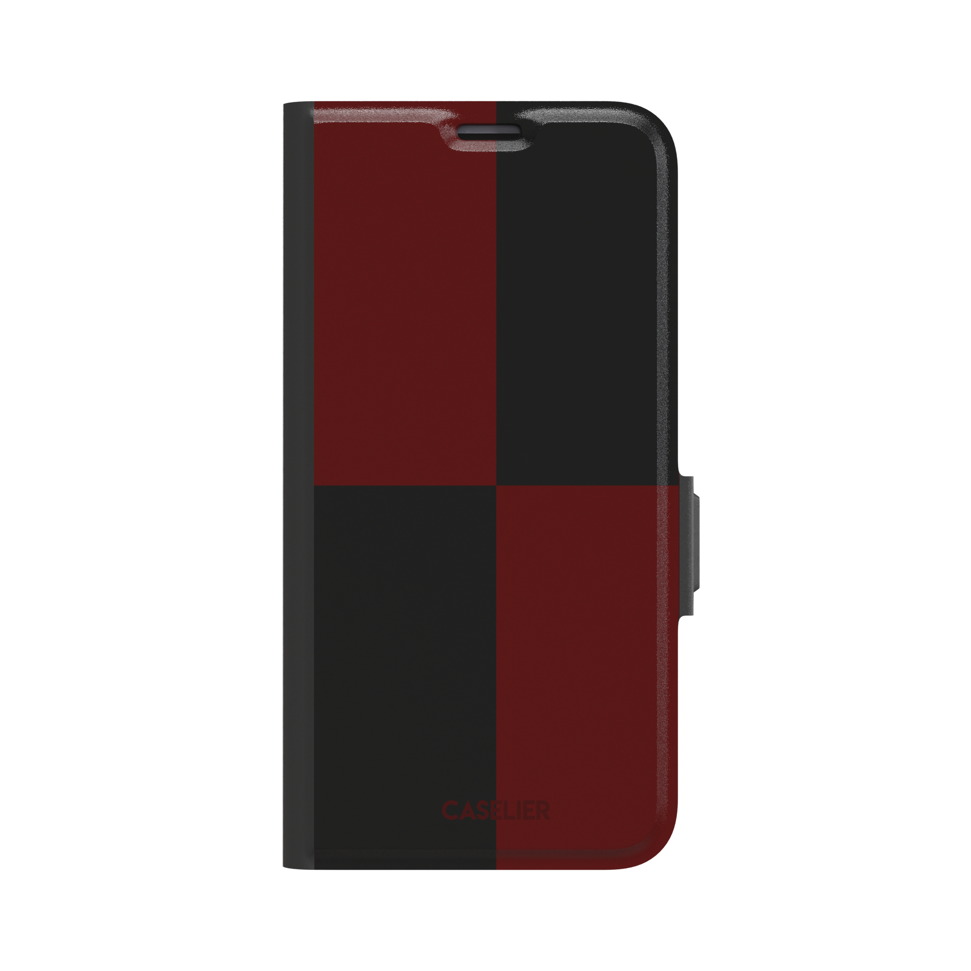 2x2 checkered phone case in deep crimson red and black with four large bold squares, phone case by Caselier — wallet case, front view
