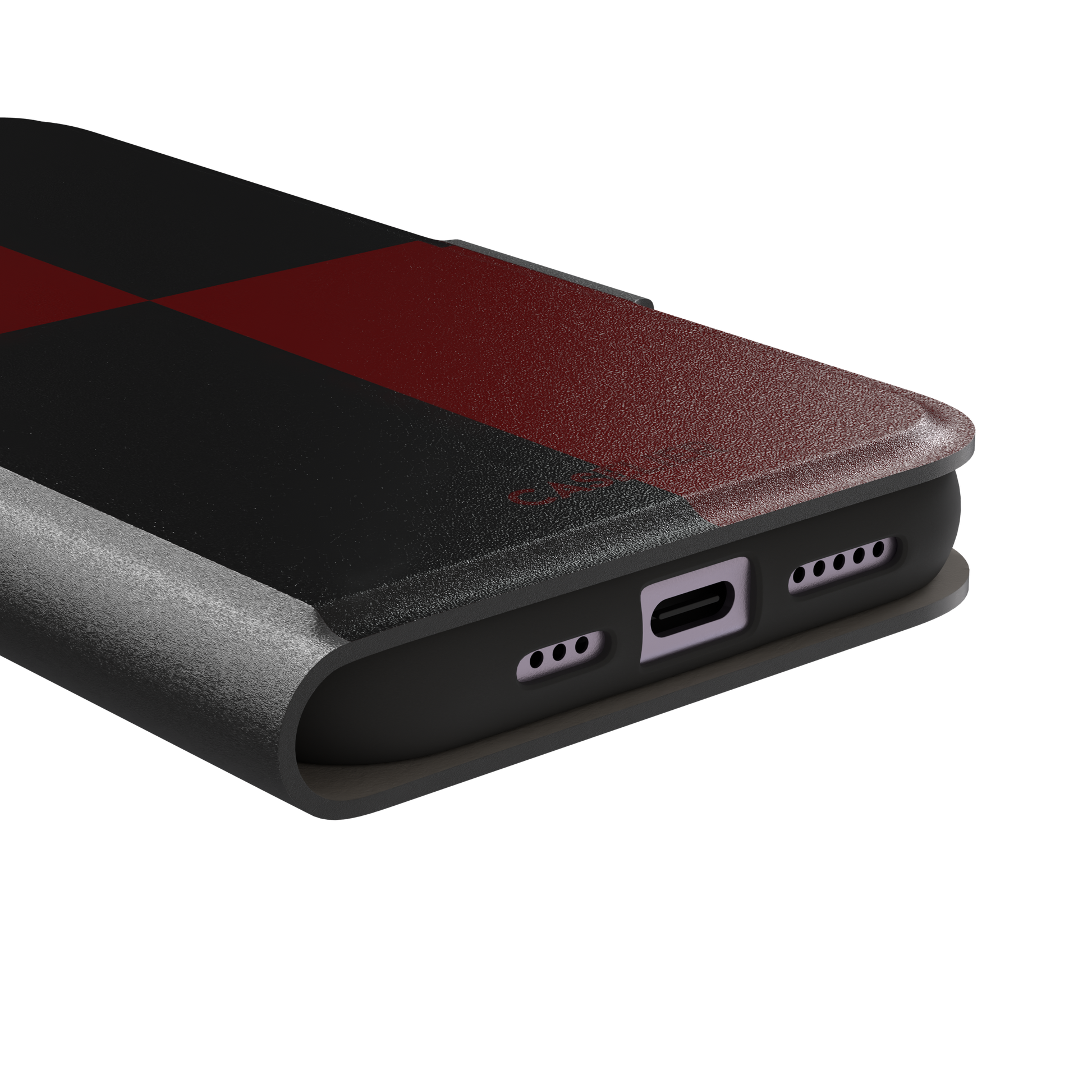 2x2 checkered phone case in deep crimson red and black with four large bold squares, phone case by Caselier — wallet case, charging port detail