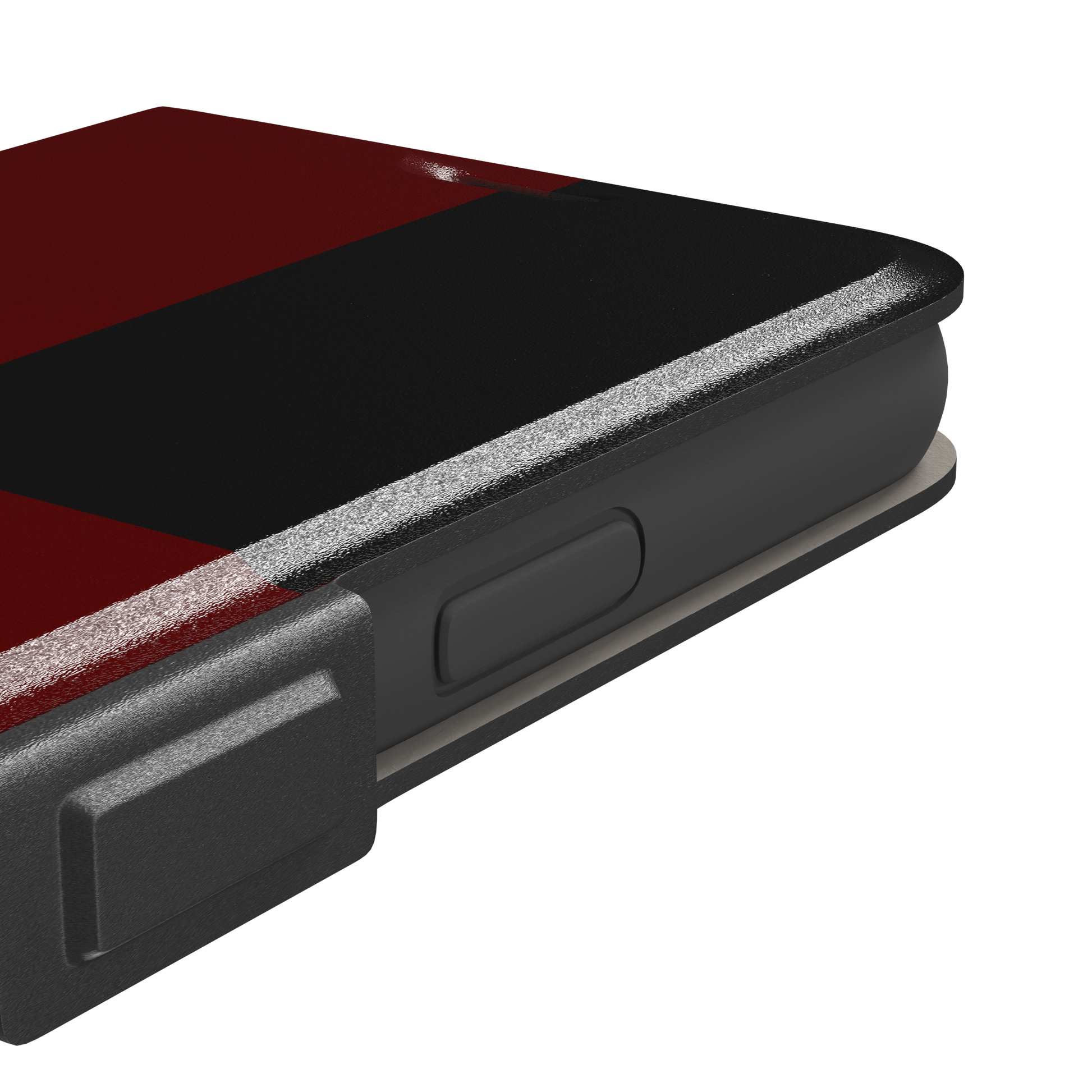 2x2 checkered phone case in deep crimson red and black with four large bold squares, phone case by Caselier — wallet case, volume buttons detail