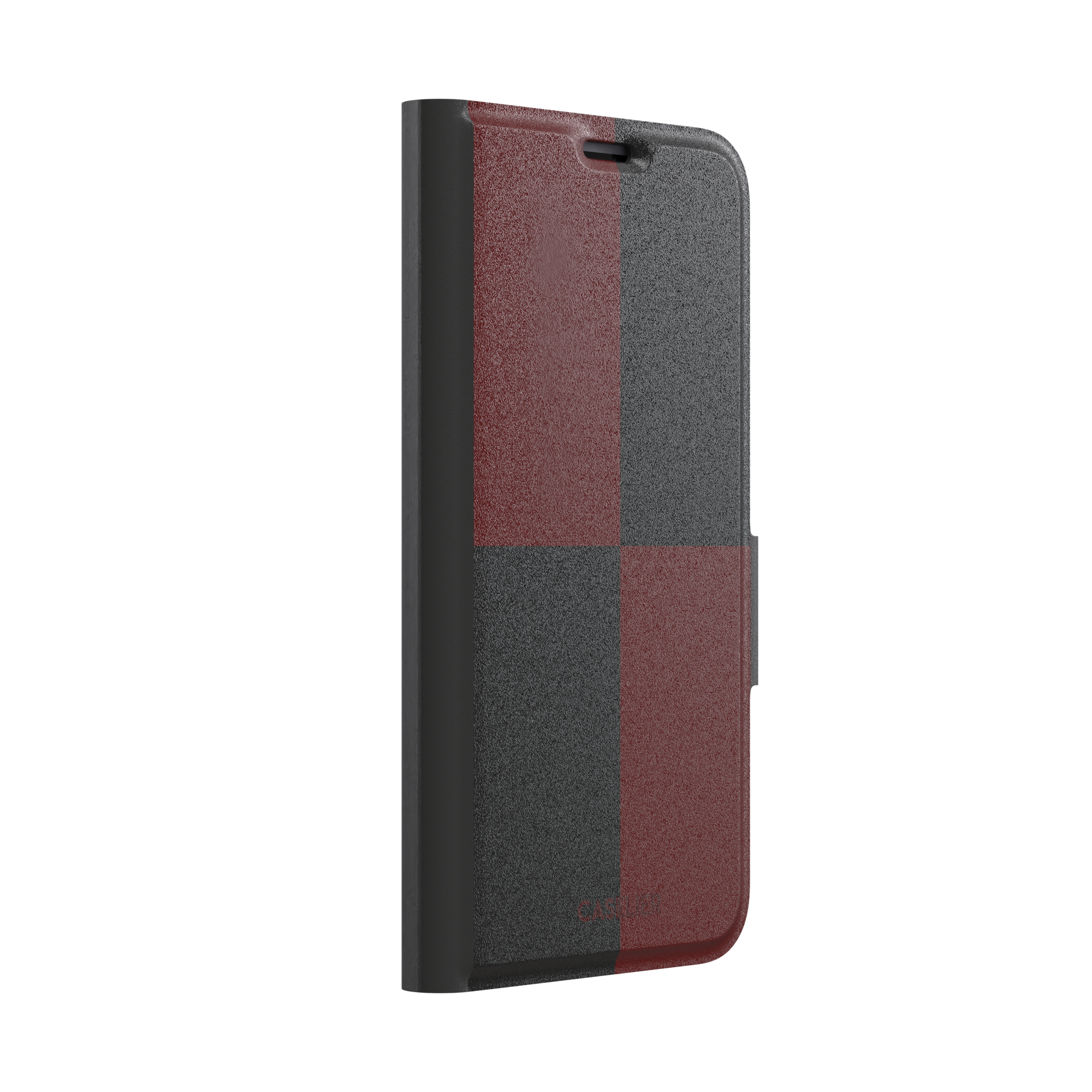 2x2 checkered phone case in deep crimson red and black with four large bold squares, phone case by Caselier — wallet case, left view