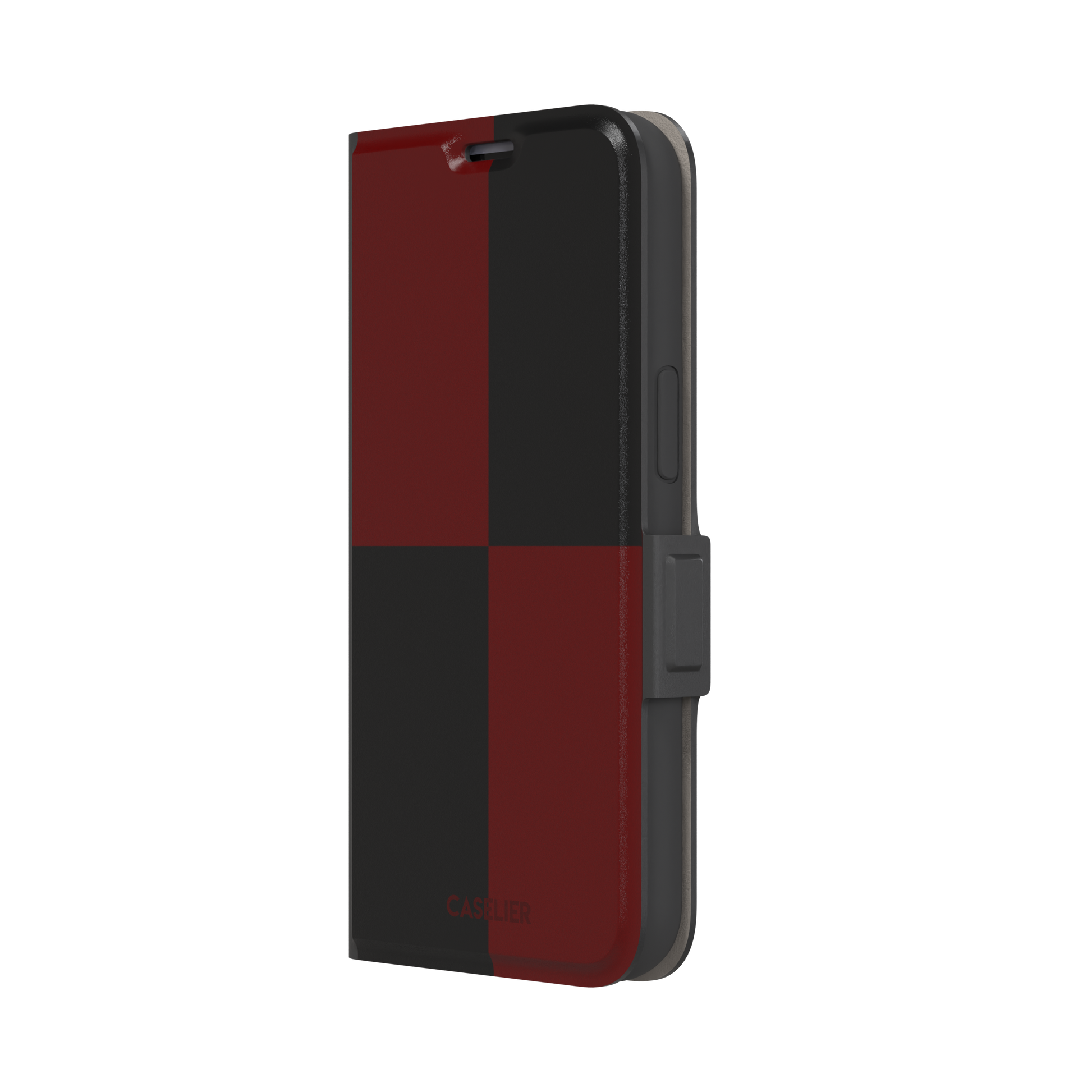 2x2 checkered phone case in deep crimson red and black with four large bold squares, phone case by Caselier — wallet case, right view