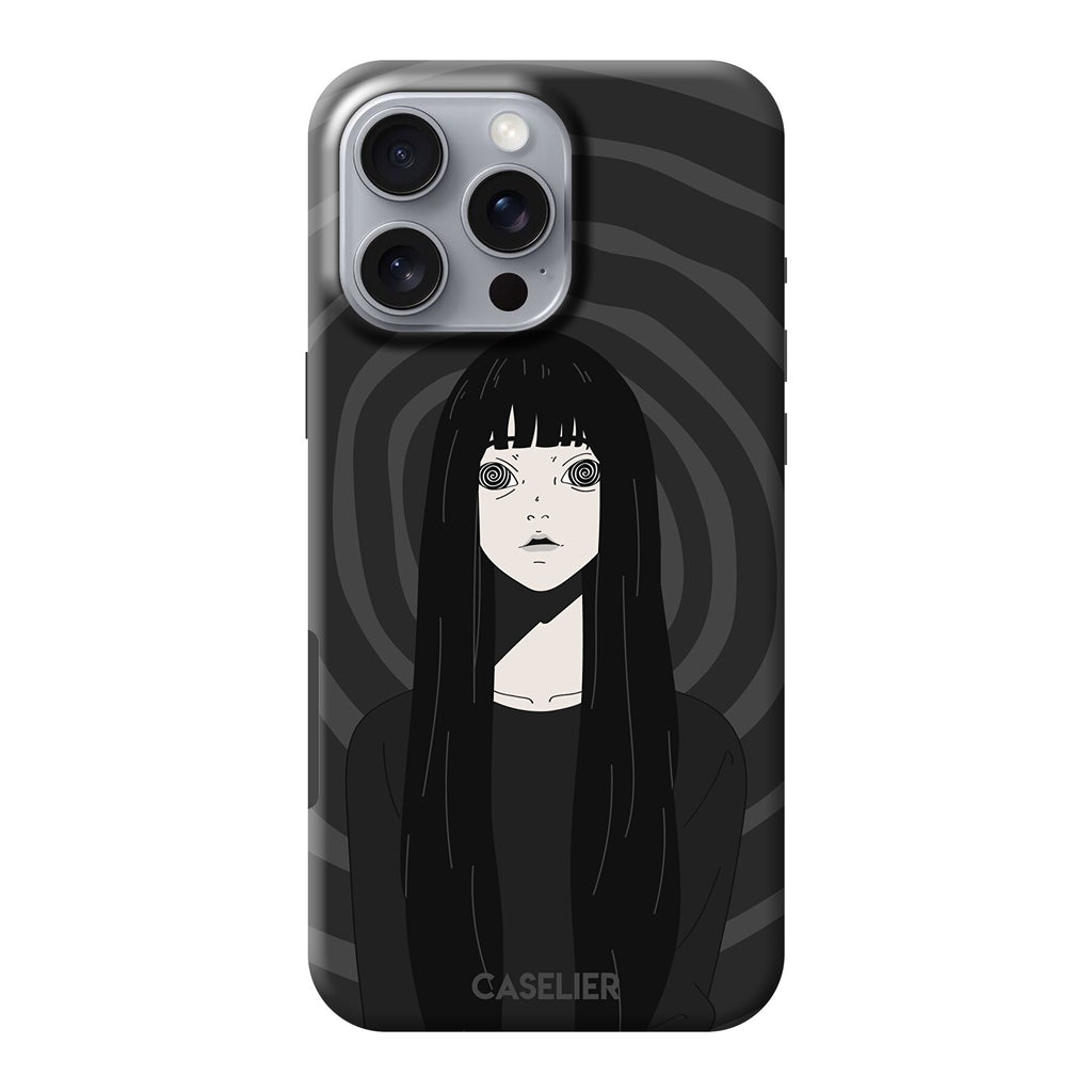 Phone case with a stylized illustration of a character with long black hair on a black background, brand 'CASELIER' visible.