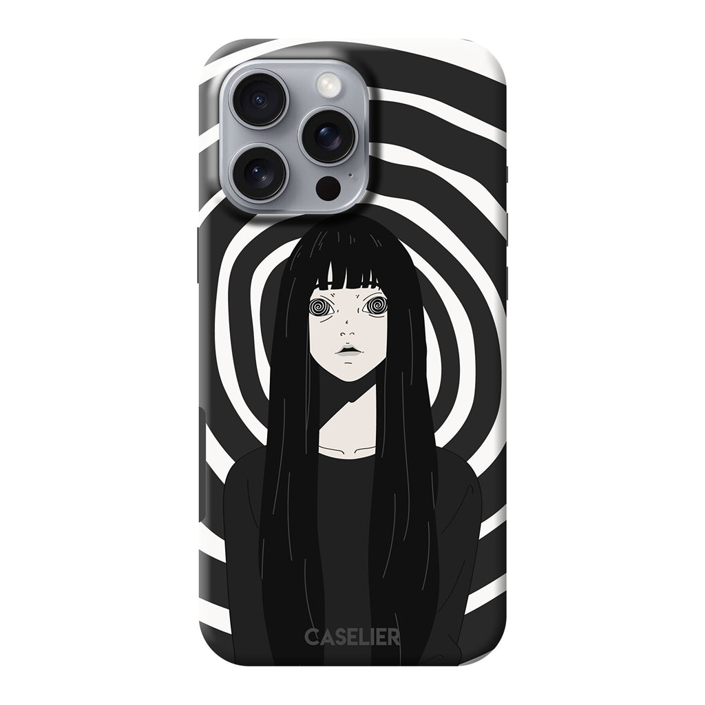 Phone case with black and white design of a stylized face and hair, featuring the brand 'CASELIER'.