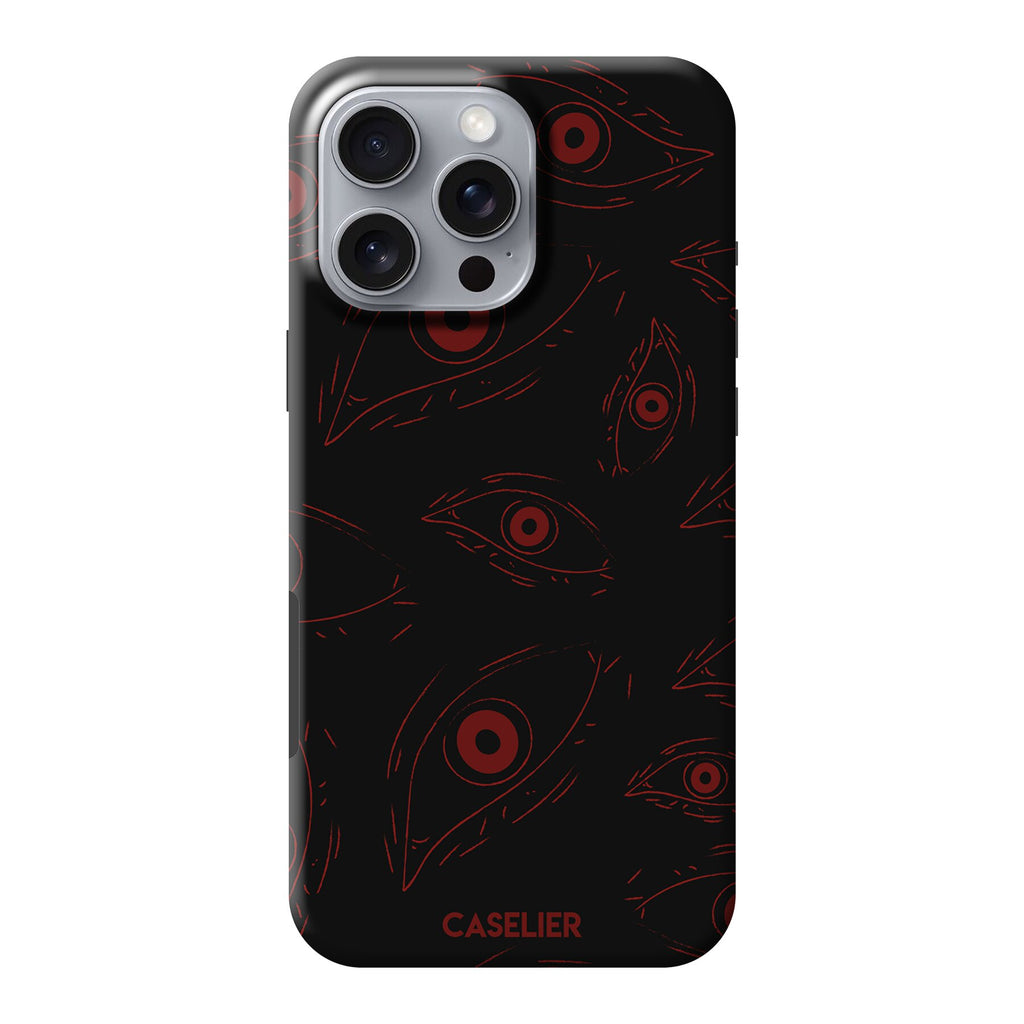 Phone case with red eye pattern on a black background, featuring the brand 'Caselier'.