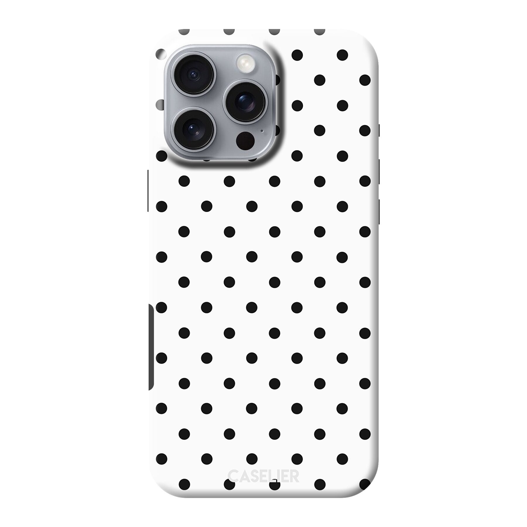 Phone case with black polka dots on a white background