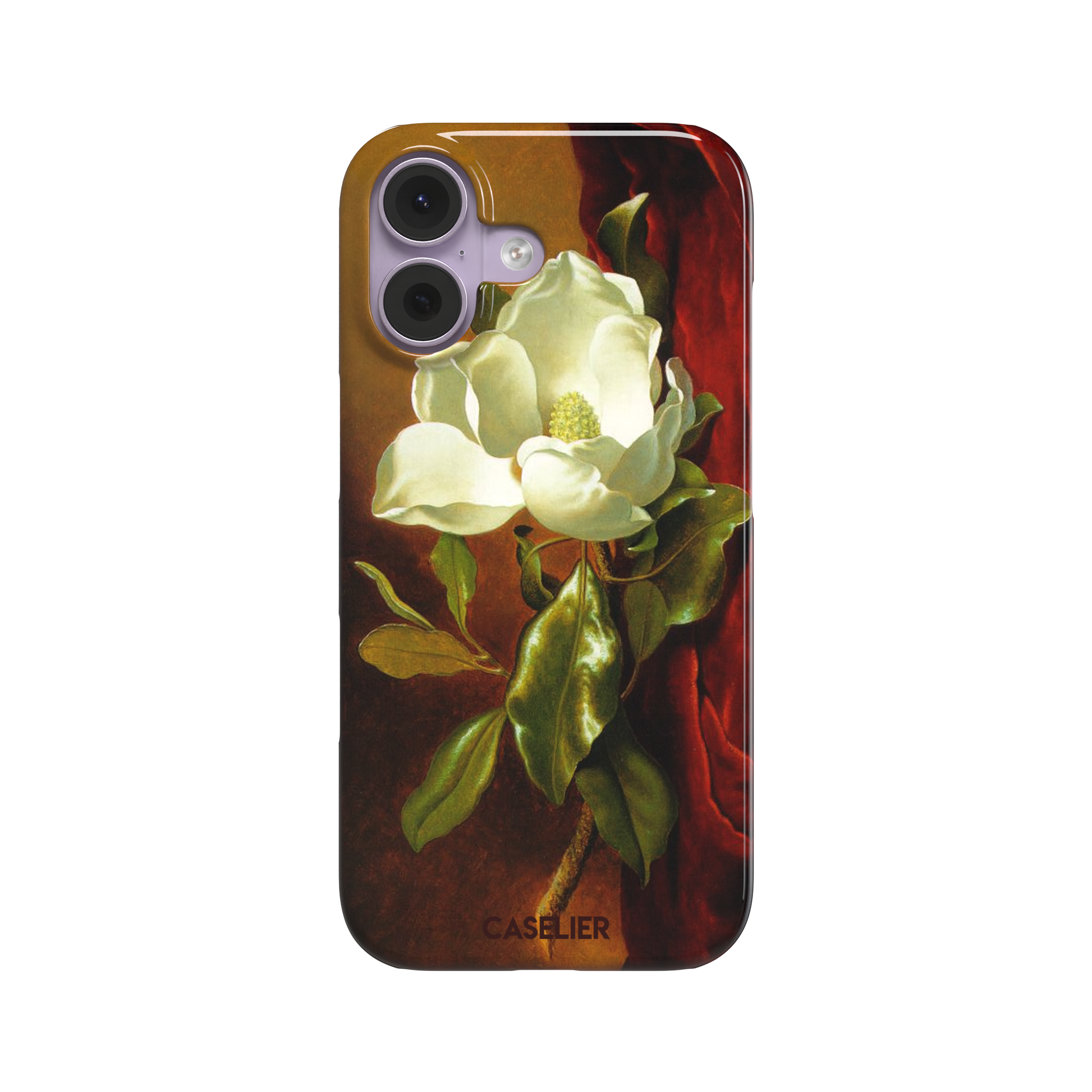A Magnolia on Red Velvet by Martin Johnson Heade phone case showing a luminous white magnolia bloom with deep green leaves against rich red velvet drapery on a warm amber background, phone case by Caselier — snap case, front view