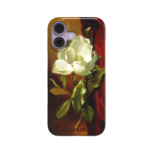 A Magnolia on Red Velvet by Martin Johnson Heade phone case showing a luminous white magnolia bloom with deep green leaves against rich red velvet drapery on a warm amber background, phone case by Caselier — snap case, front view