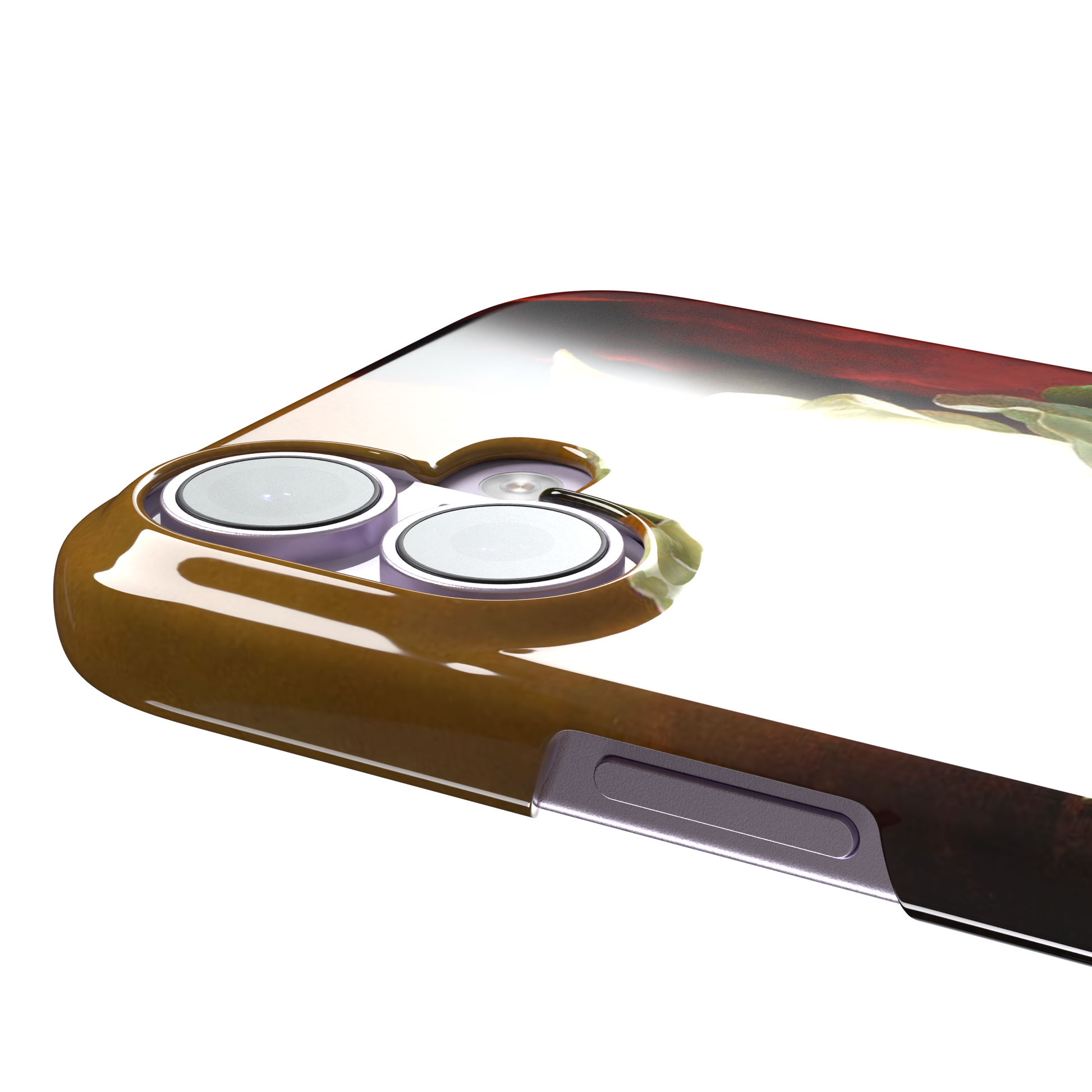 A Magnolia on Red Velvet by Martin Johnson Heade phone case showing a luminous white magnolia bloom with deep green leaves against rich red velvet drapery on a warm amber background, phone case by Caselier — snap case, volume buttons detail