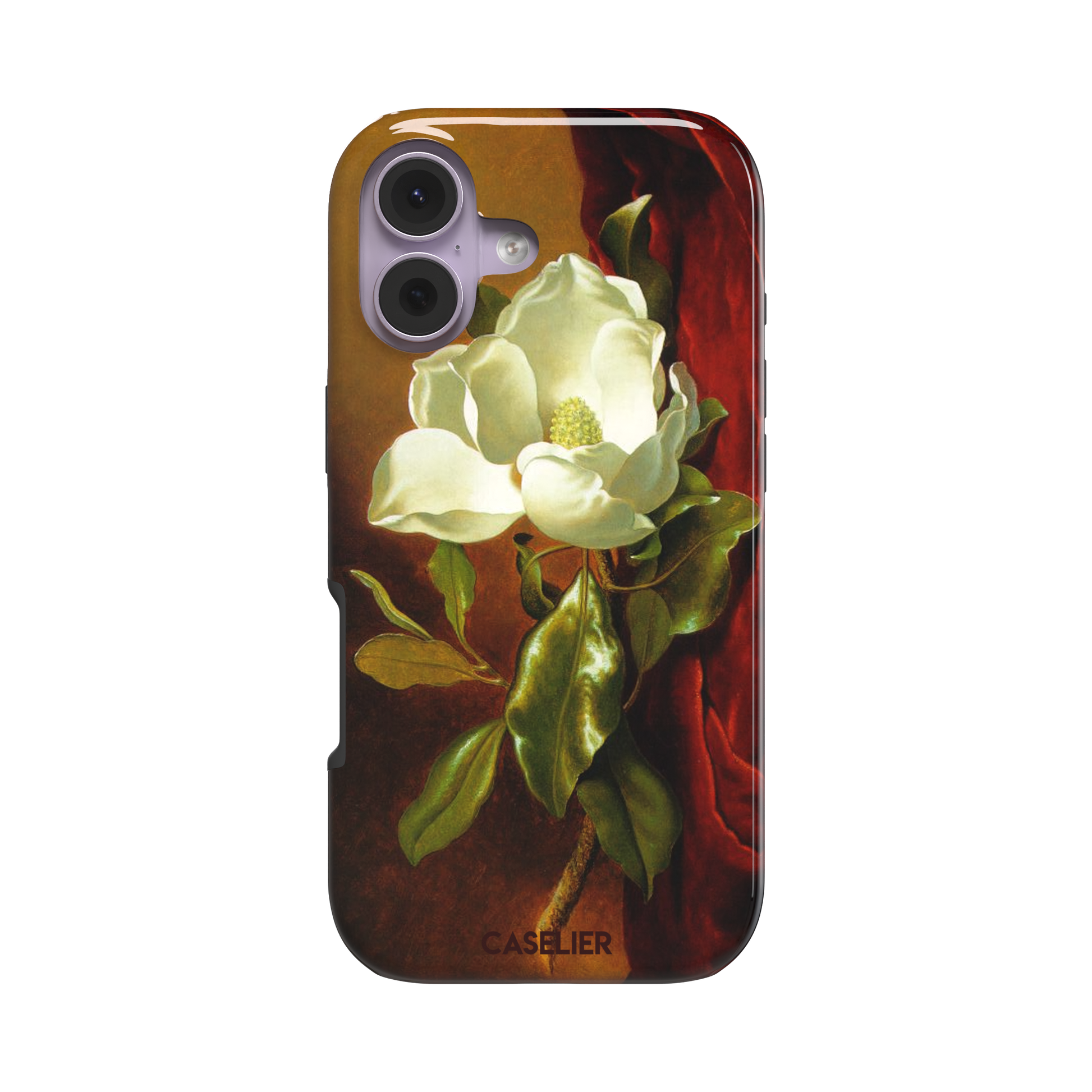 A Magnolia on Red Velvet by Martin Johnson Heade phone case showing a luminous white magnolia bloom with deep green leaves against rich red velvet drapery on a warm amber background, phone case by Caselier — tough case, front view