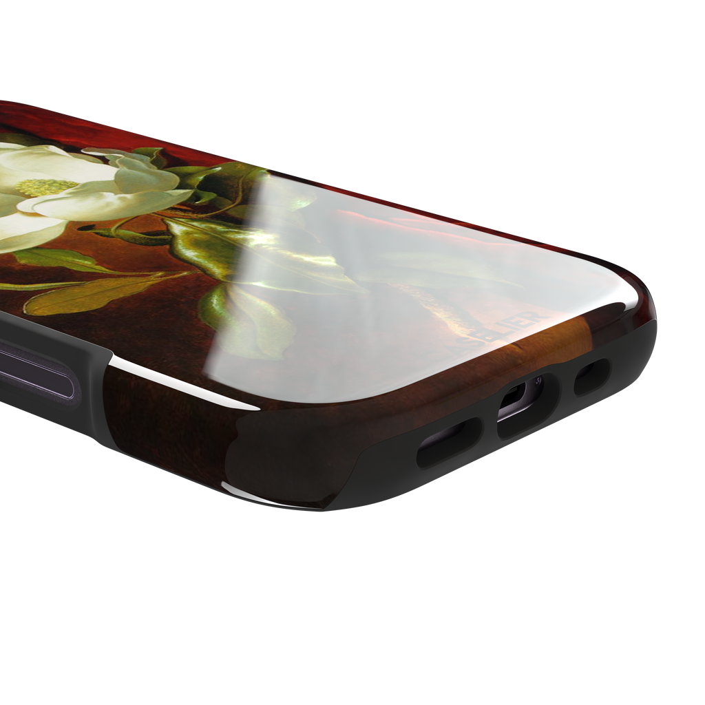 A Magnolia on Red Velvet by Martin Johnson Heade phone case showing a luminous white magnolia bloom with deep green leaves against rich red velvet drapery on a warm amber background, phone case by Caselier — tough case, charging port detail