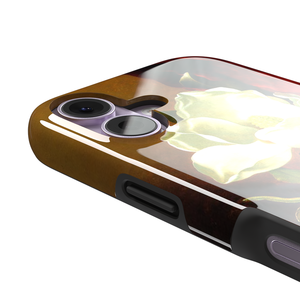A Magnolia on Red Velvet by Martin Johnson Heade phone case showing a luminous white magnolia bloom with deep green leaves against rich red velvet drapery on a warm amber background, phone case by Caselier — tough case, volume buttons detail
