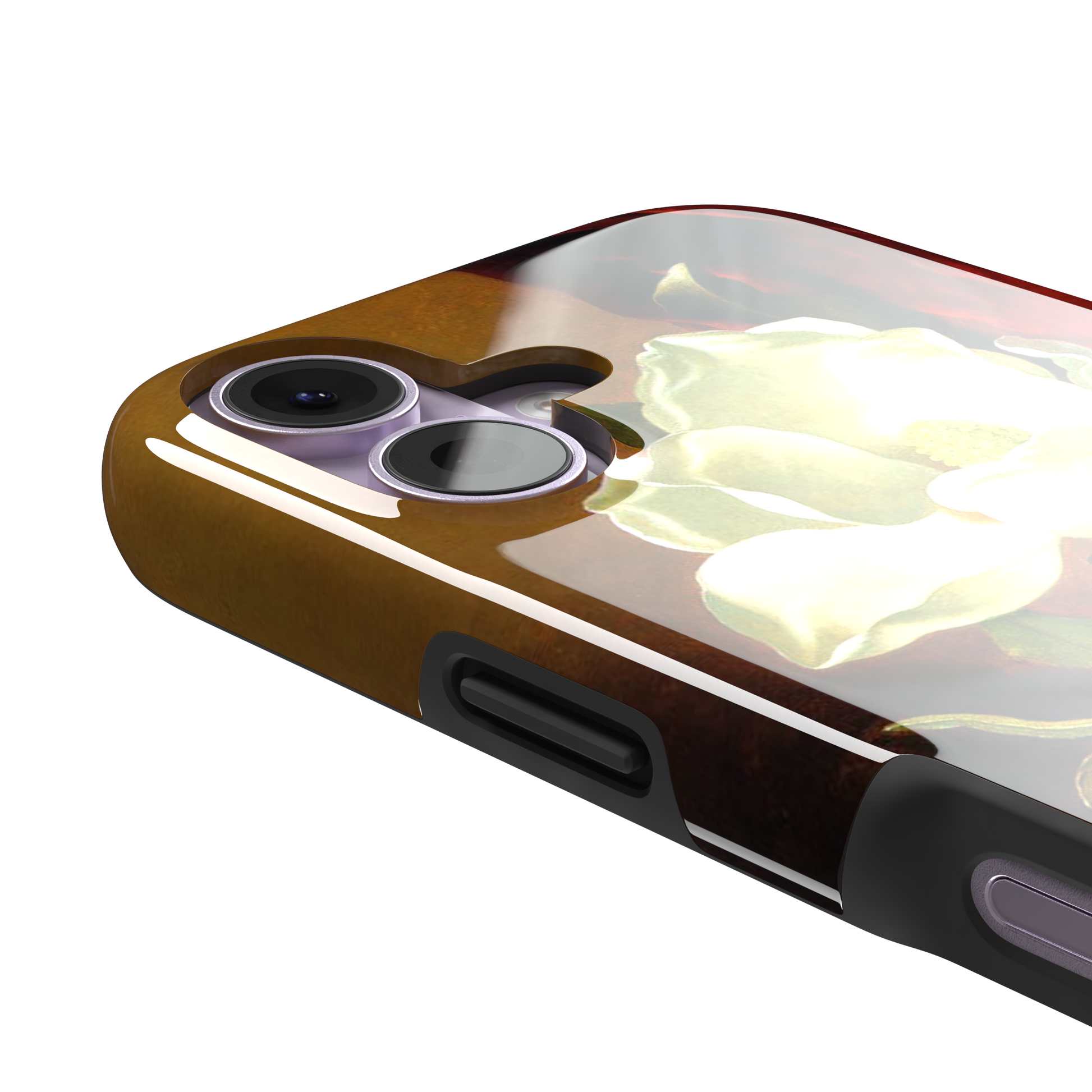 A Magnolia on Red Velvet by Martin Johnson Heade phone case showing a luminous white magnolia bloom with deep green leaves against rich red velvet drapery on a warm amber background, phone case by Caselier — tough case, volume buttons detail