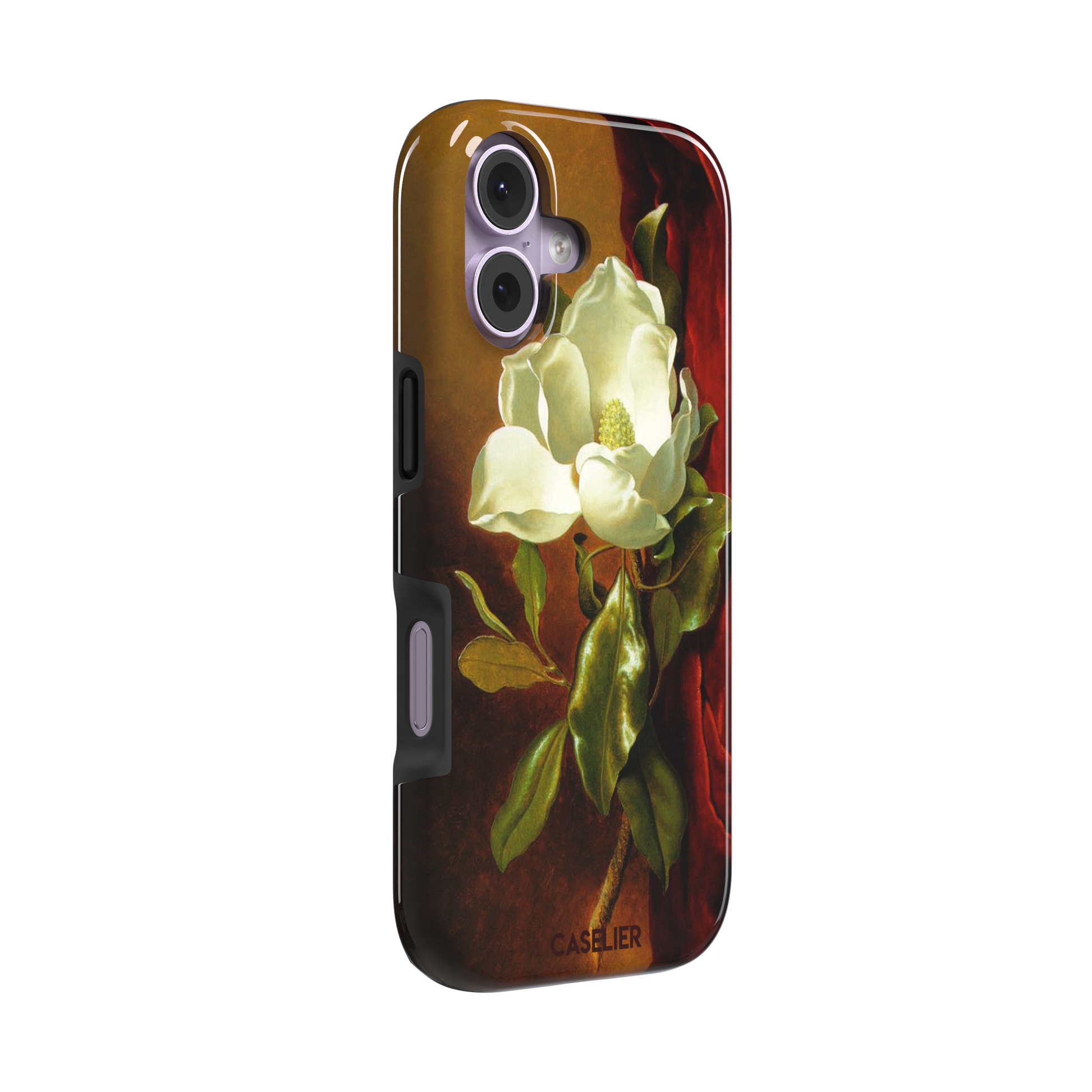A Magnolia on Red Velvet by Martin Johnson Heade phone case showing a luminous white magnolia bloom with deep green leaves against rich red velvet drapery on a warm amber background, phone case by Caselier — tough case, left view
