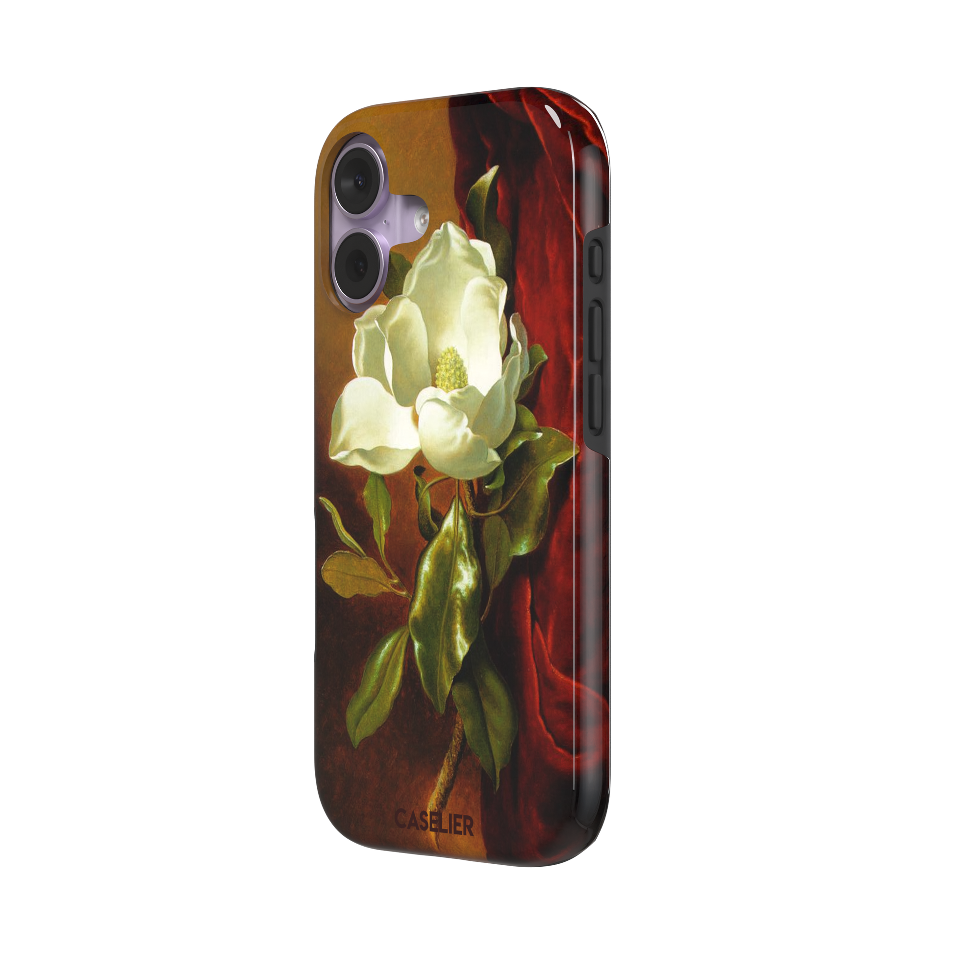 A Magnolia on Red Velvet by Martin Johnson Heade phone case showing a luminous white magnolia bloom with deep green leaves against rich red velvet drapery on a warm amber background, phone case by Caselier — tough case, right view