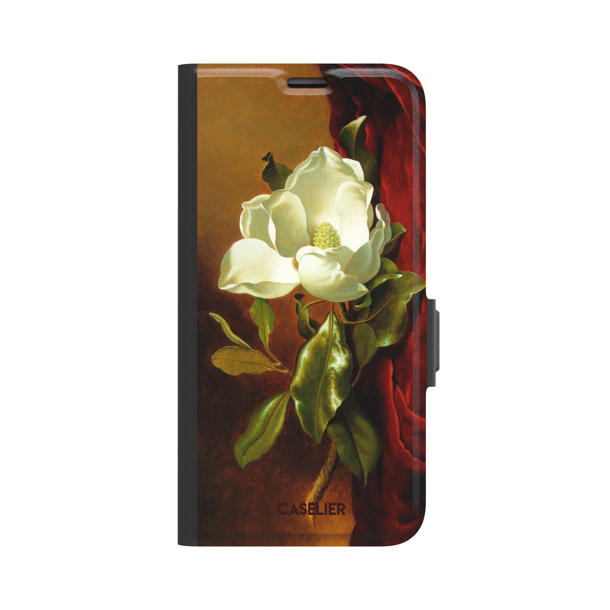 A Magnolia on Red Velvet by Martin Johnson Heade phone case showing a luminous white magnolia bloom with deep green leaves against rich red velvet drapery on a warm amber background, phone case by Caselier — wallet case, front view