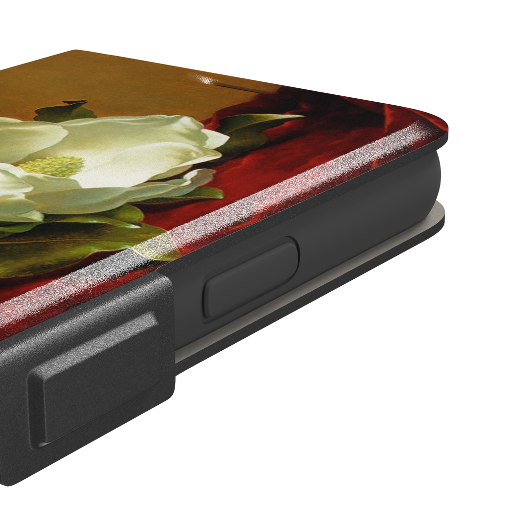 A Magnolia on Red Velvet by Martin Johnson Heade phone case showing a luminous white magnolia bloom with deep green leaves against rich red velvet drapery on a warm amber background, phone case by Caselier — wallet case, volume buttons detail