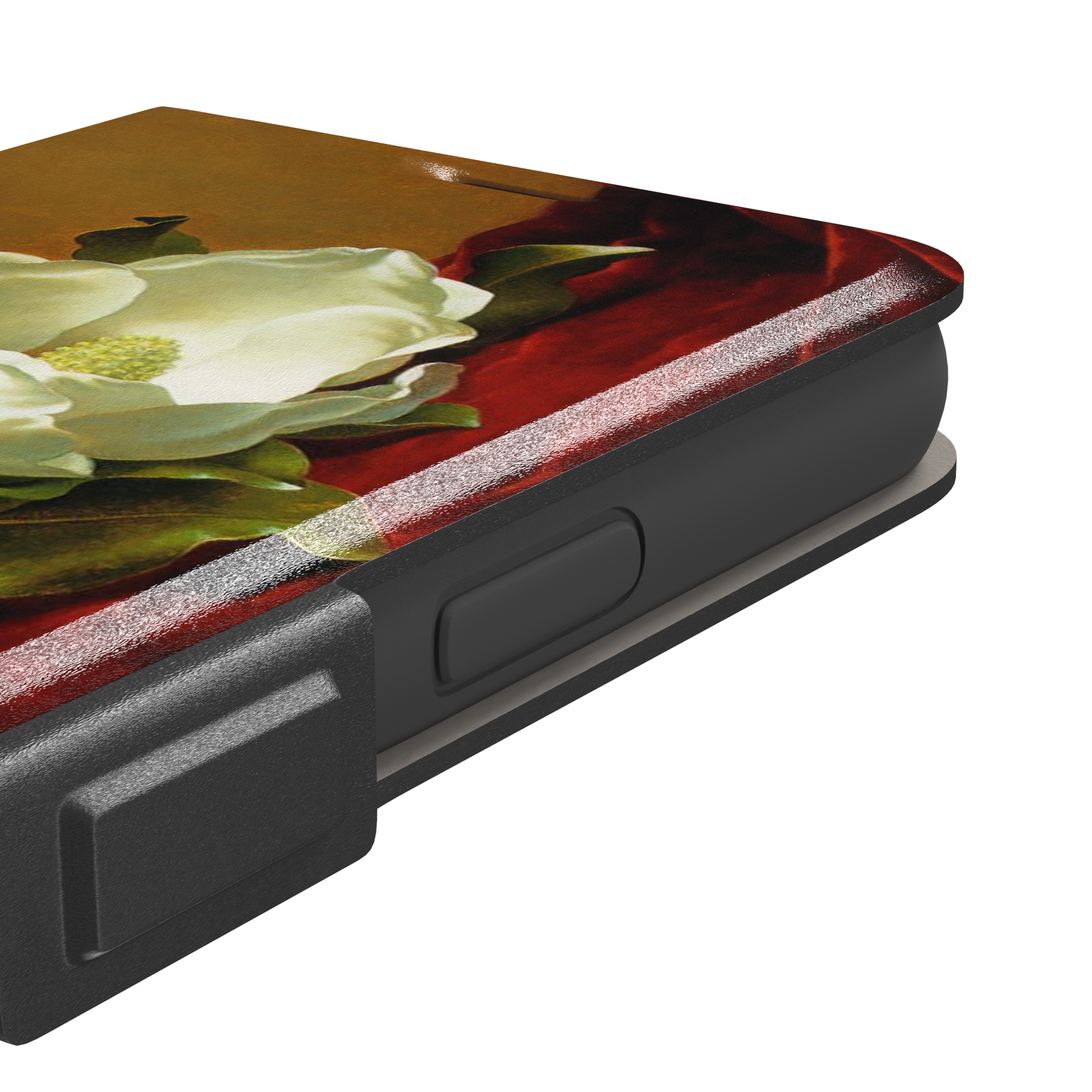 A Magnolia on Red Velvet by Martin Johnson Heade phone case showing a luminous white magnolia bloom with deep green leaves against rich red velvet drapery on a warm amber background, phone case by Caselier — wallet case, volume buttons detail