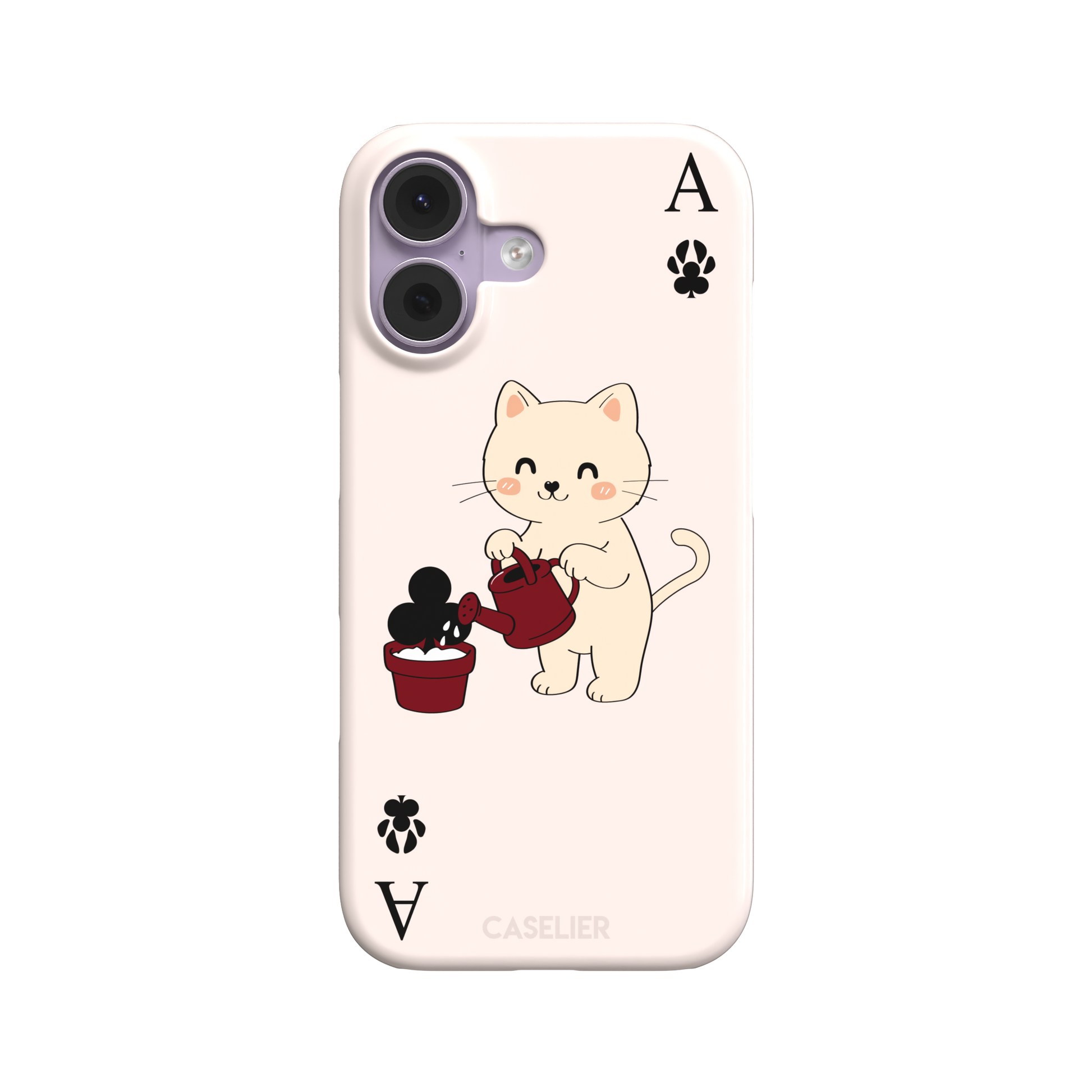 Ace of Clubs phone case in blush pink featuring a kawaii kitten watering a clubs-suit plant with paw print card symbols, phone case by Caselier — snap case, front view