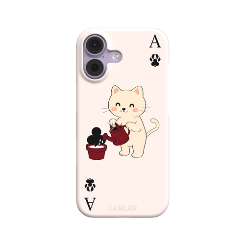 Ace of Clubs phone case in blush pink featuring a kawaii kitten watering a clubs-suit plant with paw print card symbols, phone case by Caselier — snap case, front view