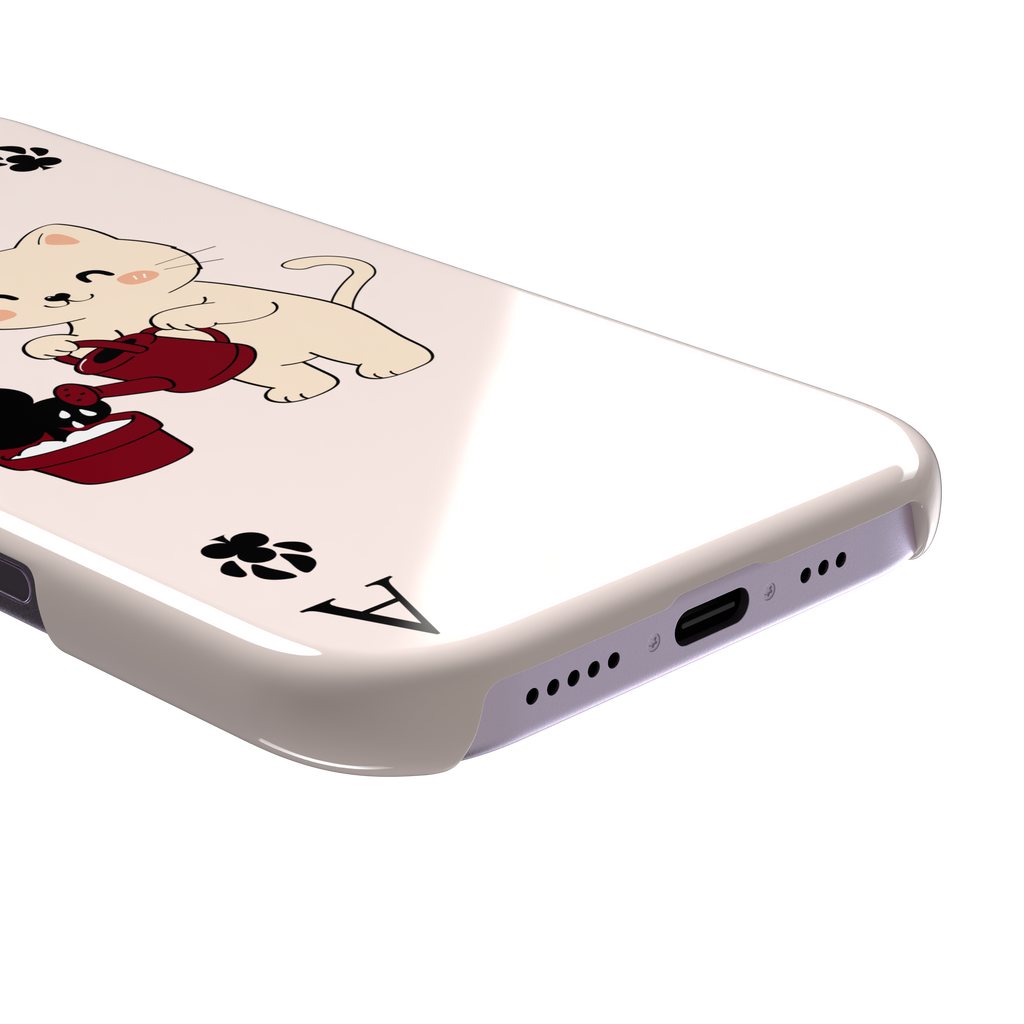 Ace of Clubs phone case in blush pink featuring a kawaii kitten watering a clubs-suit plant with paw print card symbols, phone case by Caselier — snap case, charging port detail