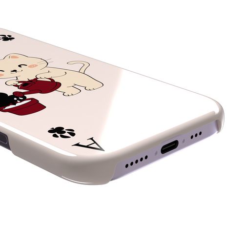 Ace of Clubs phone case in blush pink featuring a kawaii kitten watering a clubs-suit plant with paw print card symbols, phone case by Caselier — snap case, charging port detail