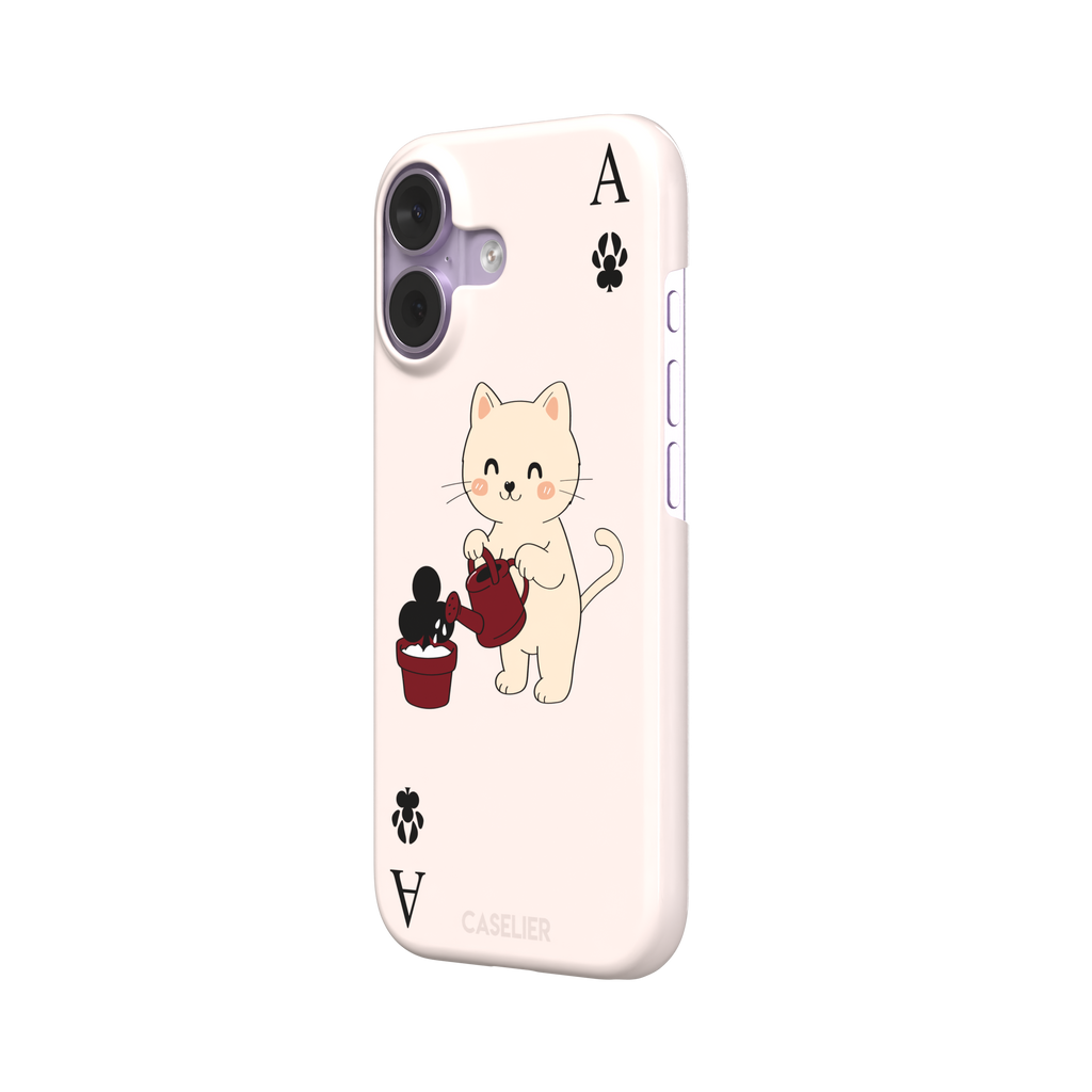 Ace of Clubs phone case in blush pink featuring a kawaii kitten watering a clubs-suit plant with paw print card symbols, phone case by Caselier — snap case, right view