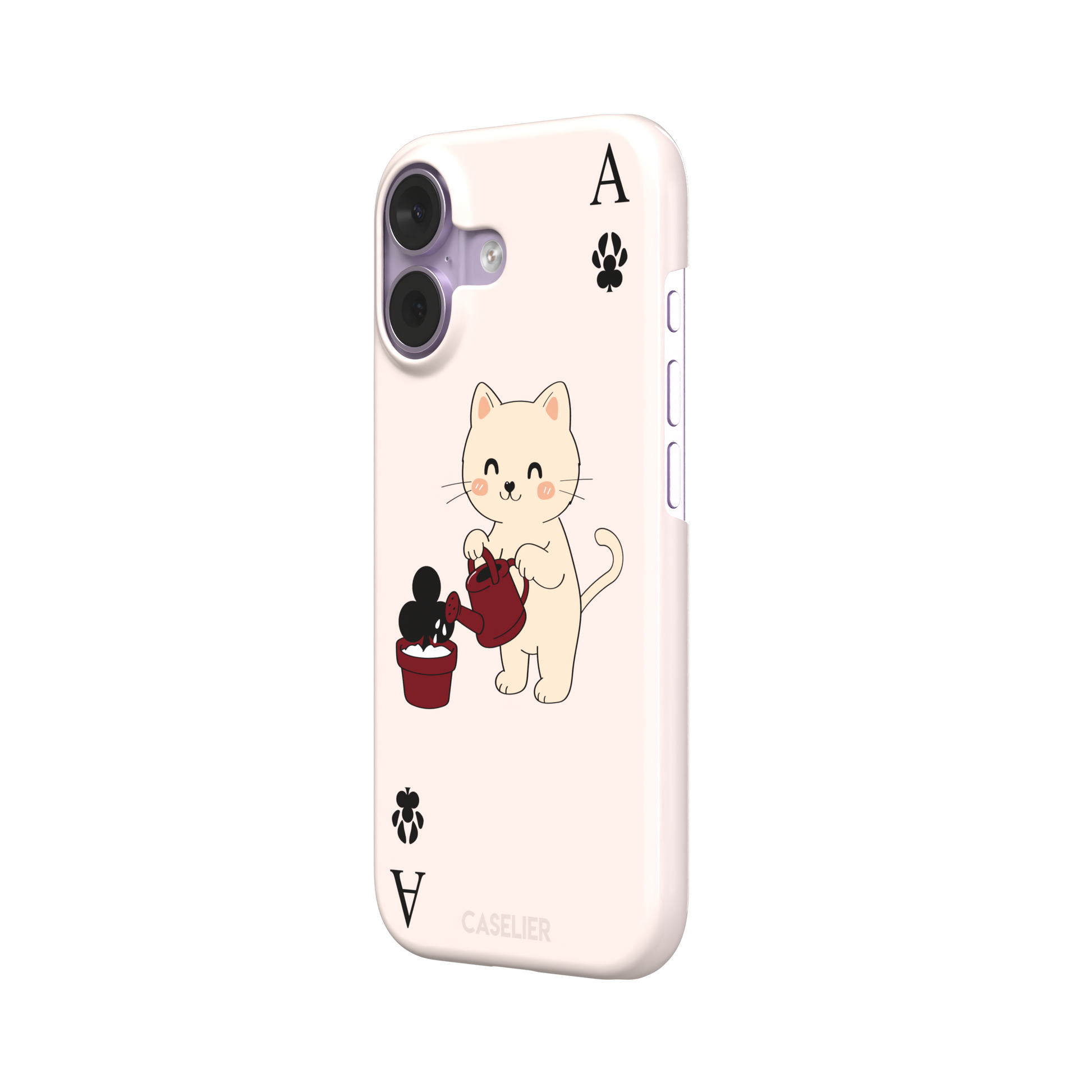 Ace of Clubs phone case in blush pink featuring a kawaii kitten watering a clubs-suit plant with paw print card symbols, phone case by Caselier — snap case, right view