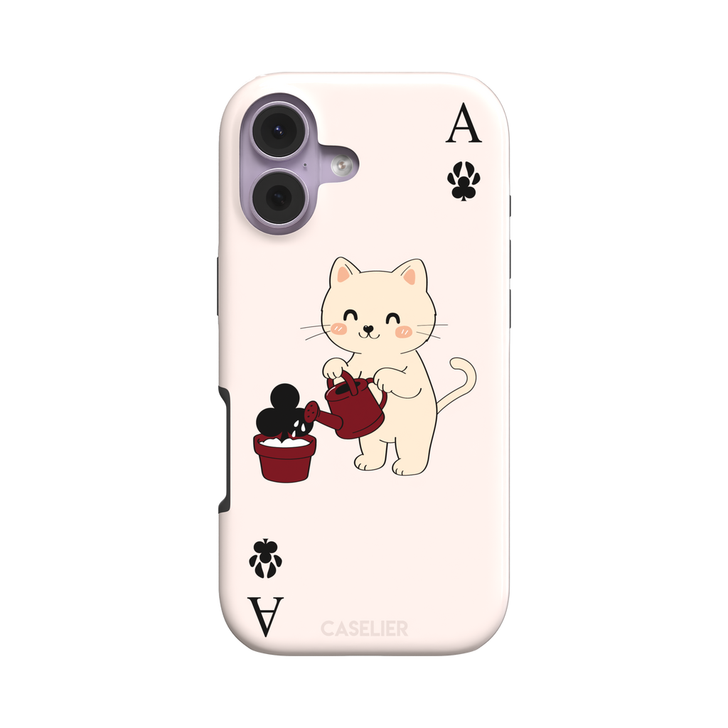 Ace of Clubs phone case in blush pink featuring a kawaii kitten watering a clubs-suit plant with paw print card symbols, phone case by Caselier — tough case, front view