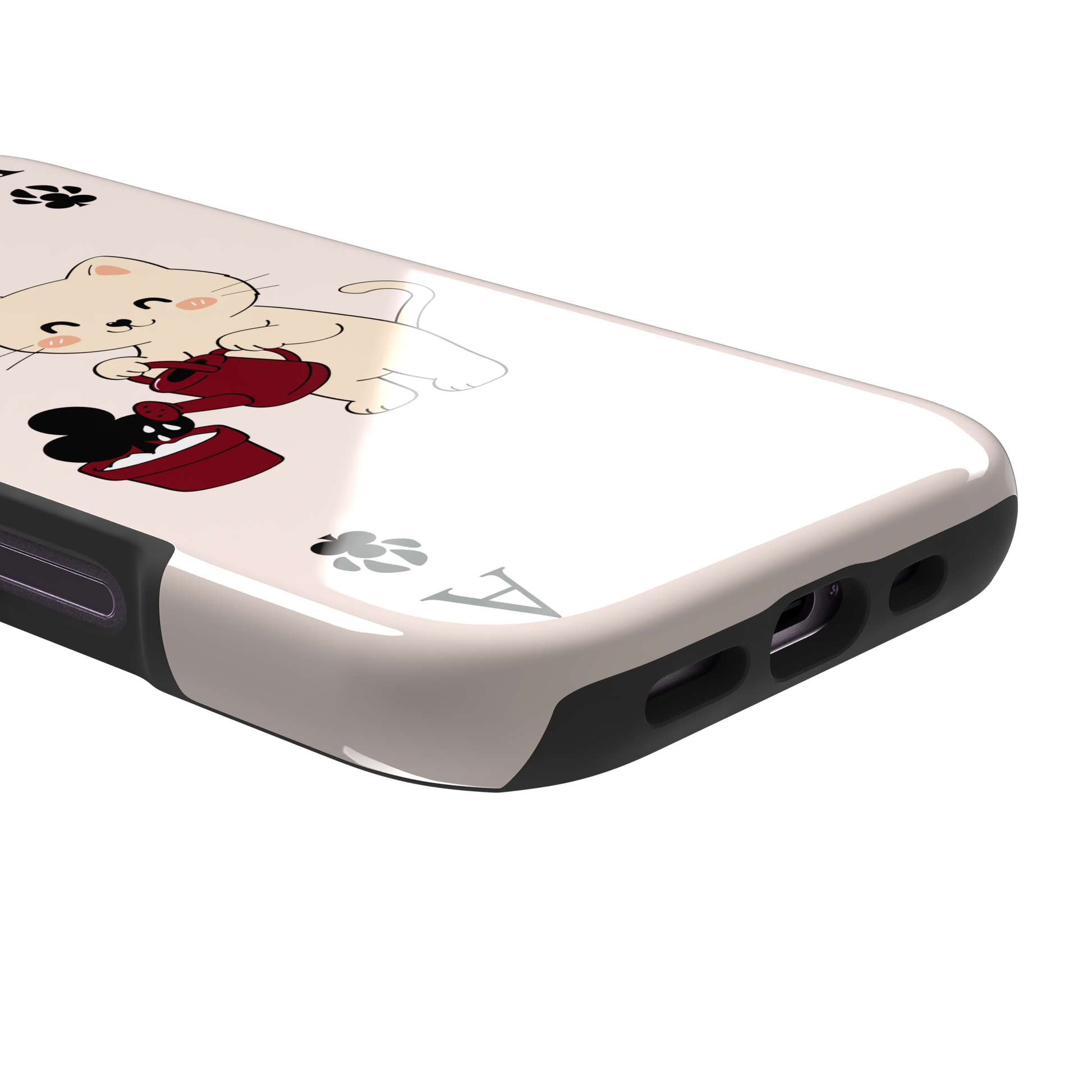 Ace of Clubs phone case in blush pink featuring a kawaii kitten watering a clubs-suit plant with paw print card symbols, phone case by Caselier — tough case, charging port detail