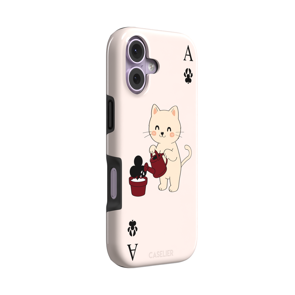 Ace of Clubs phone case in blush pink featuring a kawaii kitten watering a clubs-suit plant with paw print card symbols, phone case by Caselier — tough case, left view