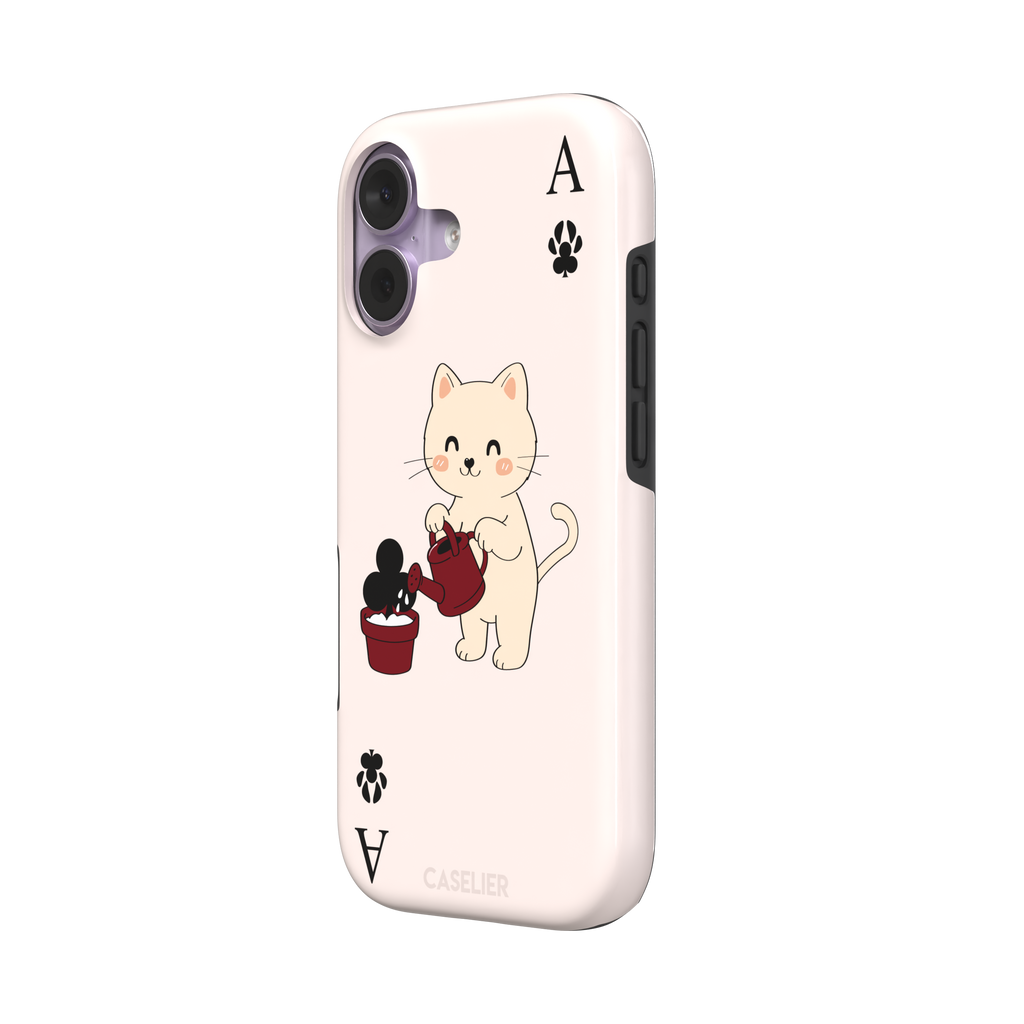 Ace of Clubs phone case in blush pink featuring a kawaii kitten watering a clubs-suit plant with paw print card symbols, phone case by Caselier — tough case, right view