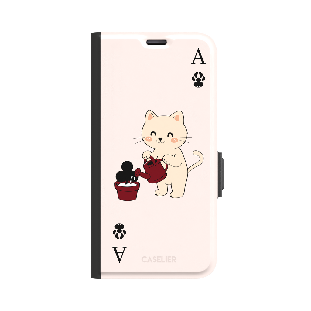 Ace of Clubs phone case in blush pink featuring a kawaii kitten watering a clubs-suit plant with paw print card symbols, phone case by Caselier — wallet case, front view