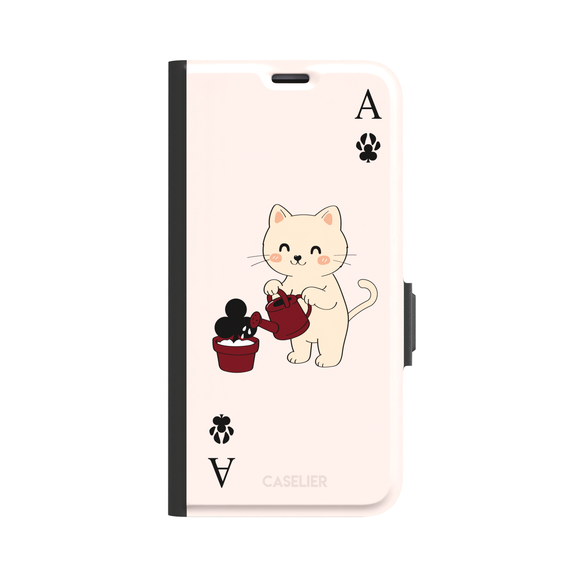 Ace of Clubs phone case in blush pink featuring a kawaii kitten watering a clubs-suit plant with paw print card symbols, phone case by Caselier — wallet case, front view