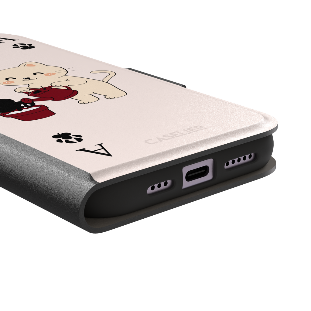 Ace of Clubs phone case in blush pink featuring a kawaii kitten watering a clubs-suit plant with paw print card symbols, phone case by Caselier — wallet case, charging port detail