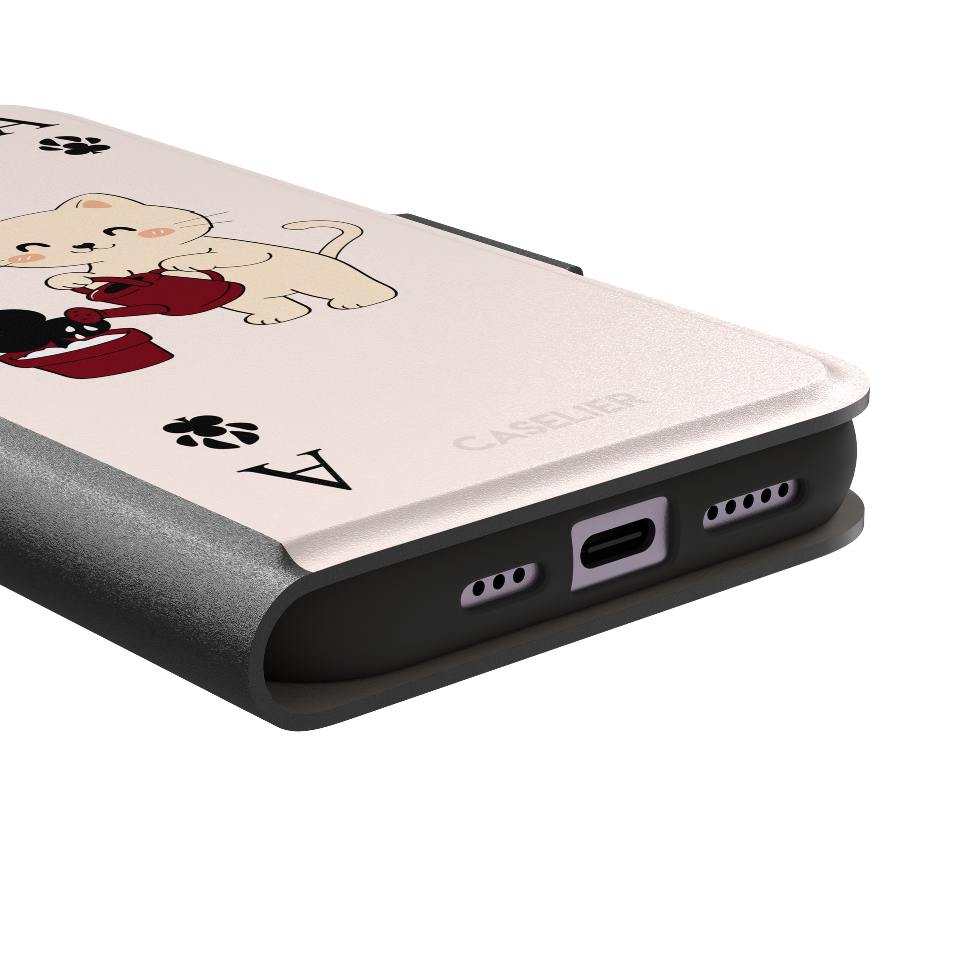 Ace of Clubs phone case in blush pink featuring a kawaii kitten watering a clubs-suit plant with paw print card symbols, phone case by Caselier — wallet case, charging port detail