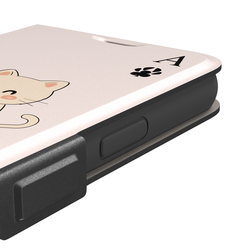 Ace of Clubs phone case in blush pink featuring a kawaii kitten watering a clubs-suit plant with paw print card symbols, phone case by Caselier — wallet case, volume buttons detail