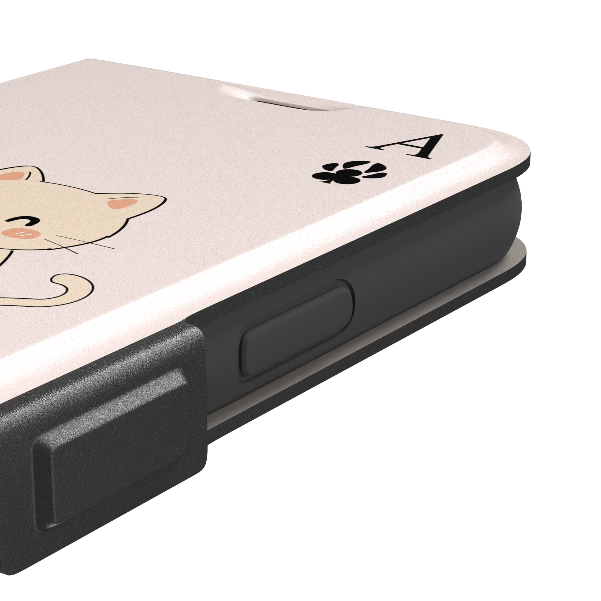 Ace of Clubs phone case in blush pink featuring a kawaii kitten watering a clubs-suit plant with paw print card symbols, phone case by Caselier — wallet case, volume buttons detail
