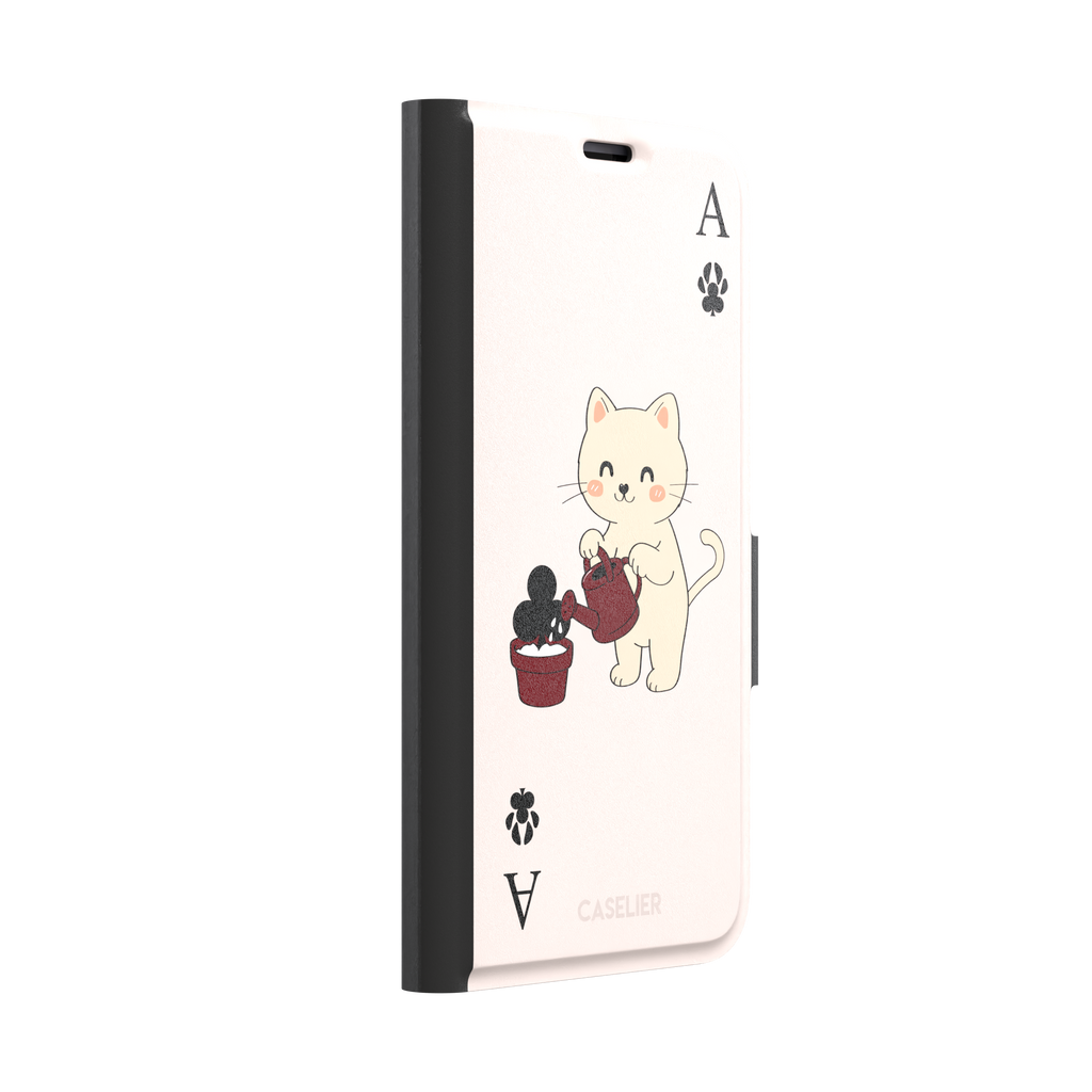 Ace of Clubs phone case in blush pink featuring a kawaii kitten watering a clubs-suit plant with paw print card symbols, phone case by Caselier — wallet case, left view