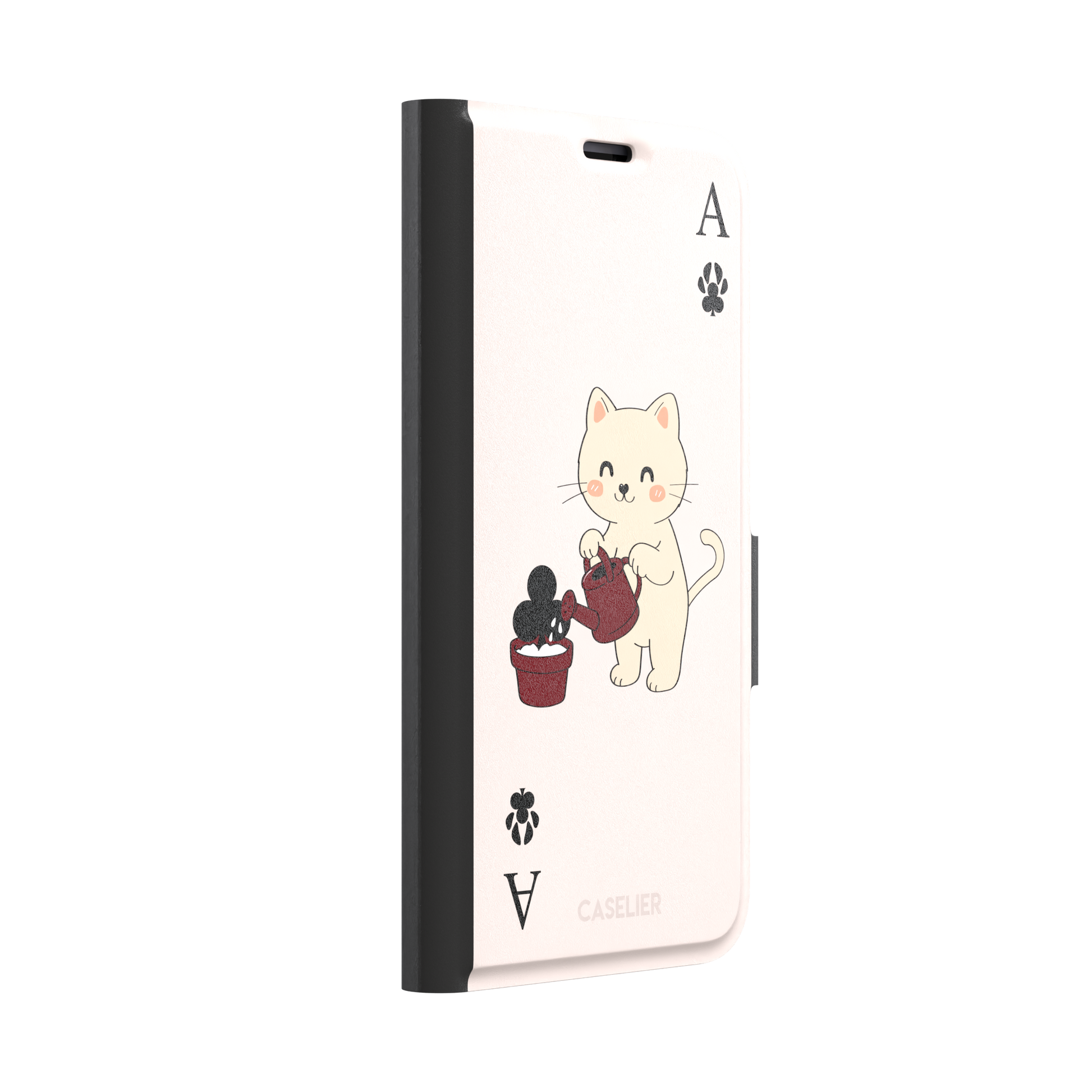Ace of Clubs phone case in blush pink featuring a kawaii kitten watering a clubs-suit plant with paw print card symbols, phone case by Caselier — wallet case, left view