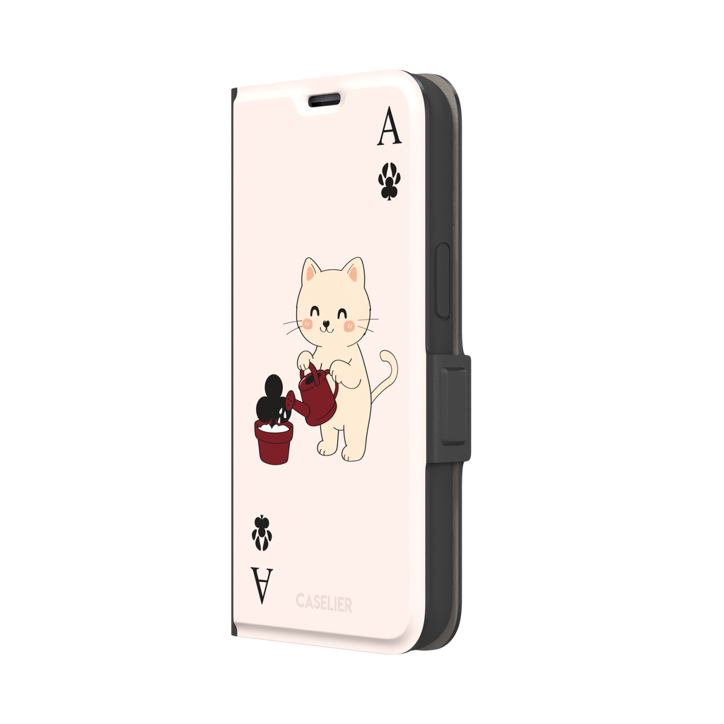 Ace of Clubs phone case in blush pink featuring a kawaii kitten watering a clubs-suit plant with paw print card symbols, phone case by Caselier — wallet case, right view