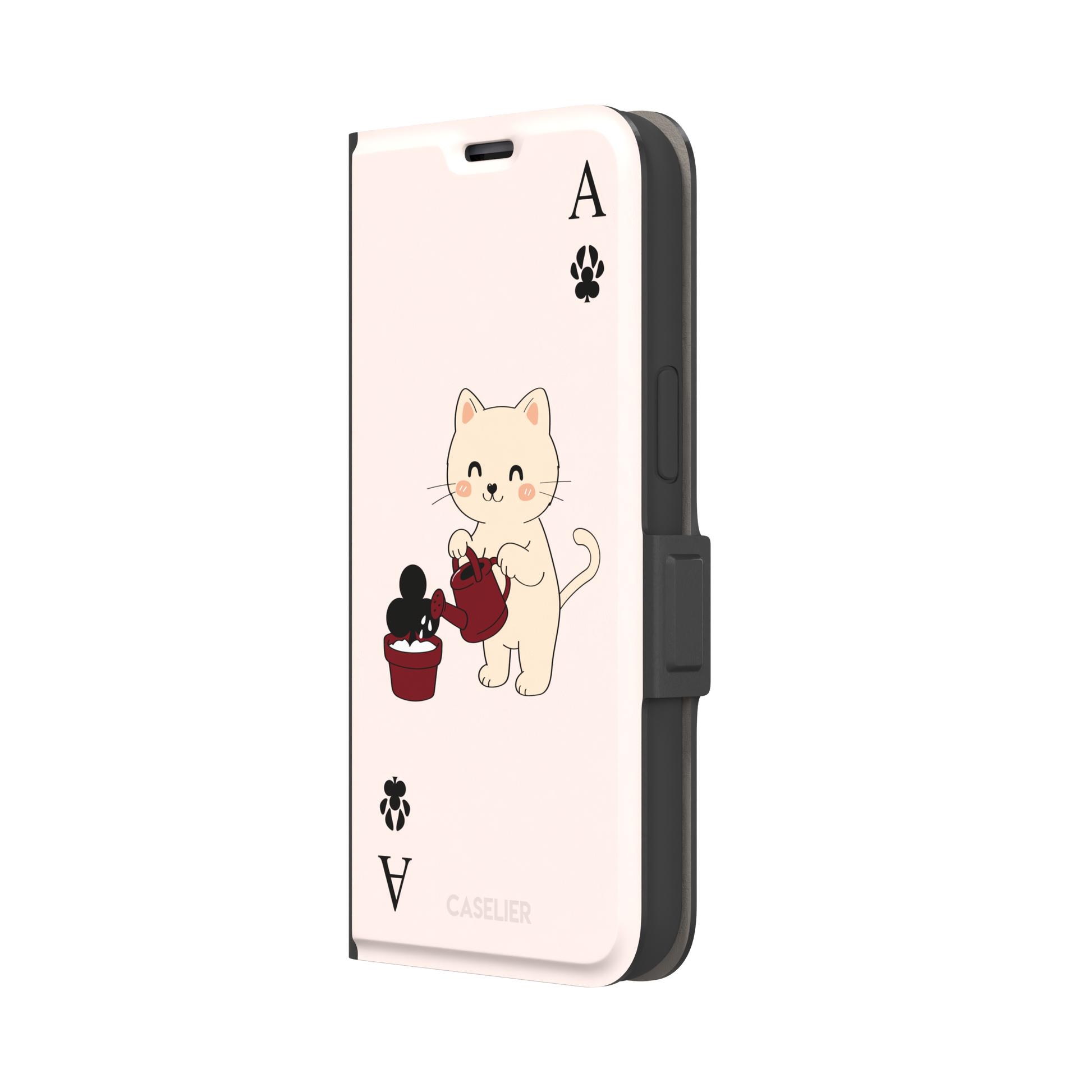 Ace of Clubs phone case in blush pink featuring a kawaii kitten watering a clubs-suit plant with paw print card symbols, phone case by Caselier — wallet case, right view
